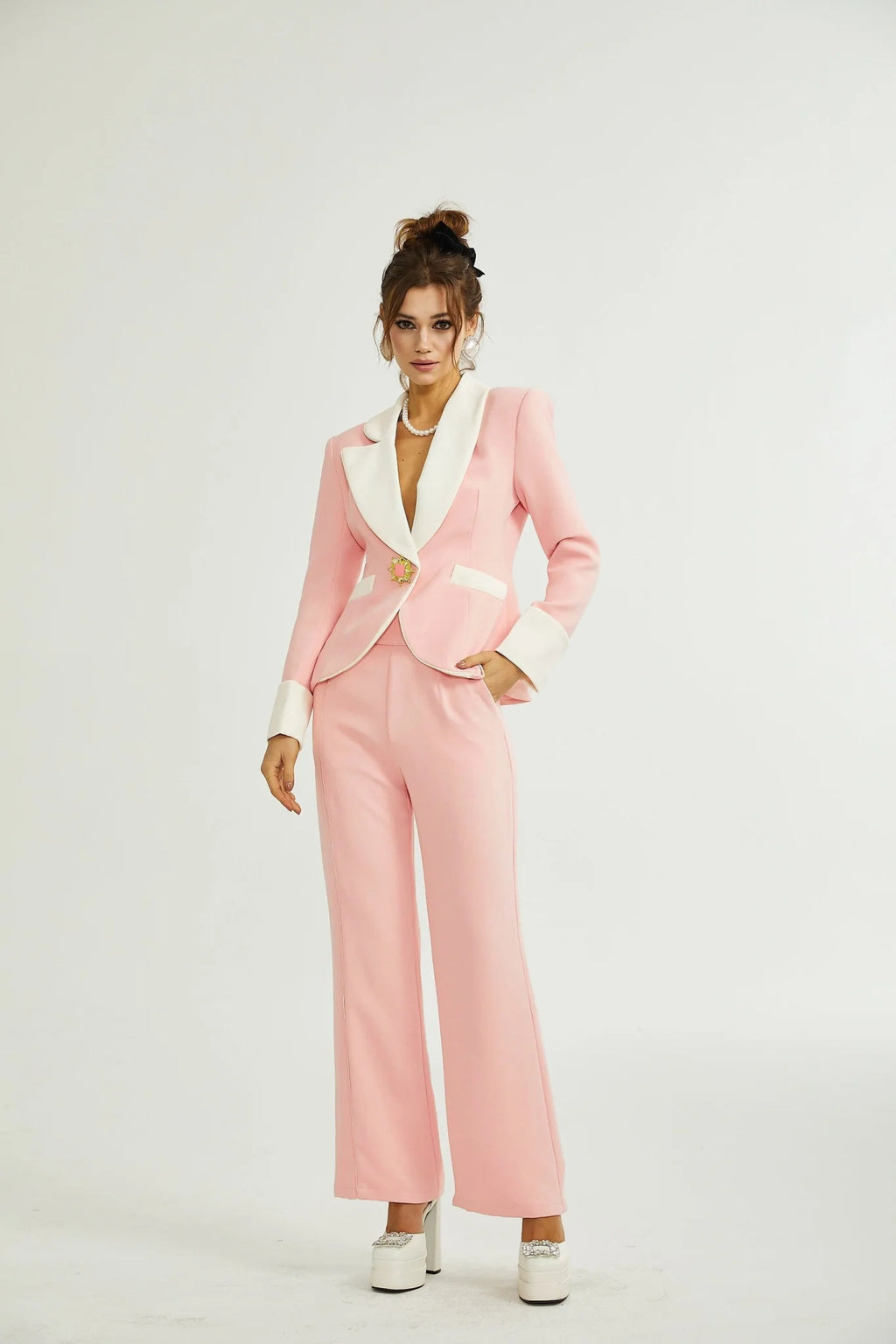 Teagan Blazer & Pants Pink White Set