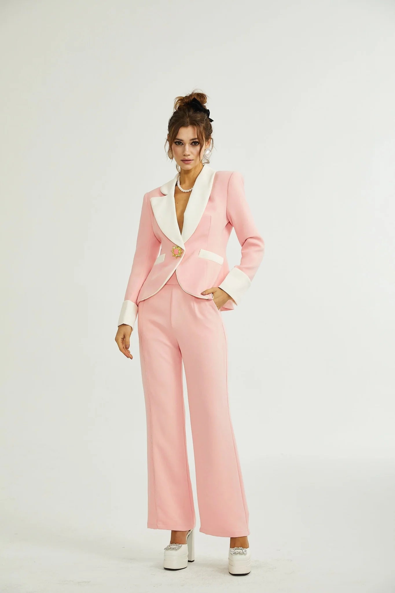 Teagan Blazer & Pants Pink White Set