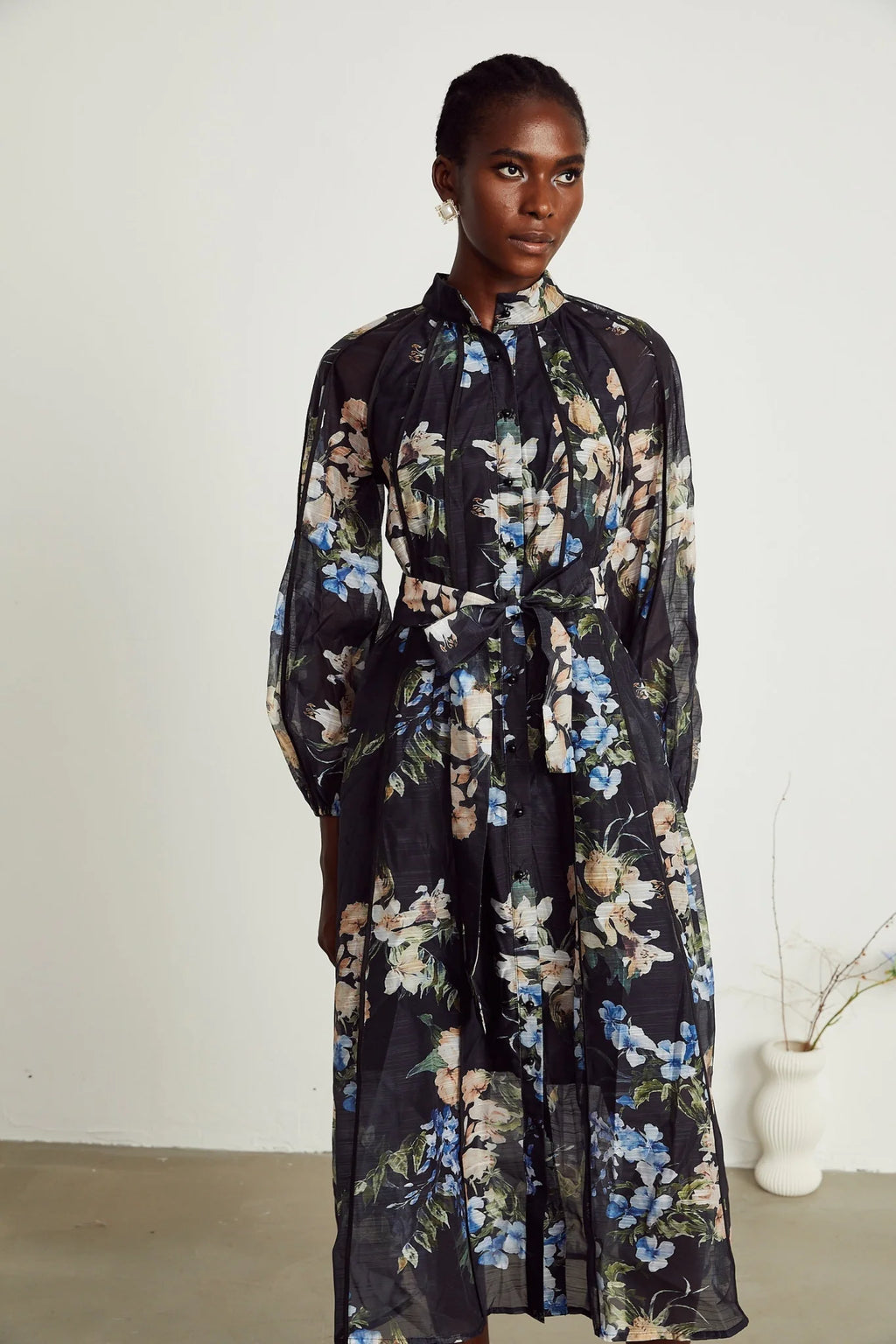 Teagan Floral Midi Dress with High StandUp Collar & Flounce Hem