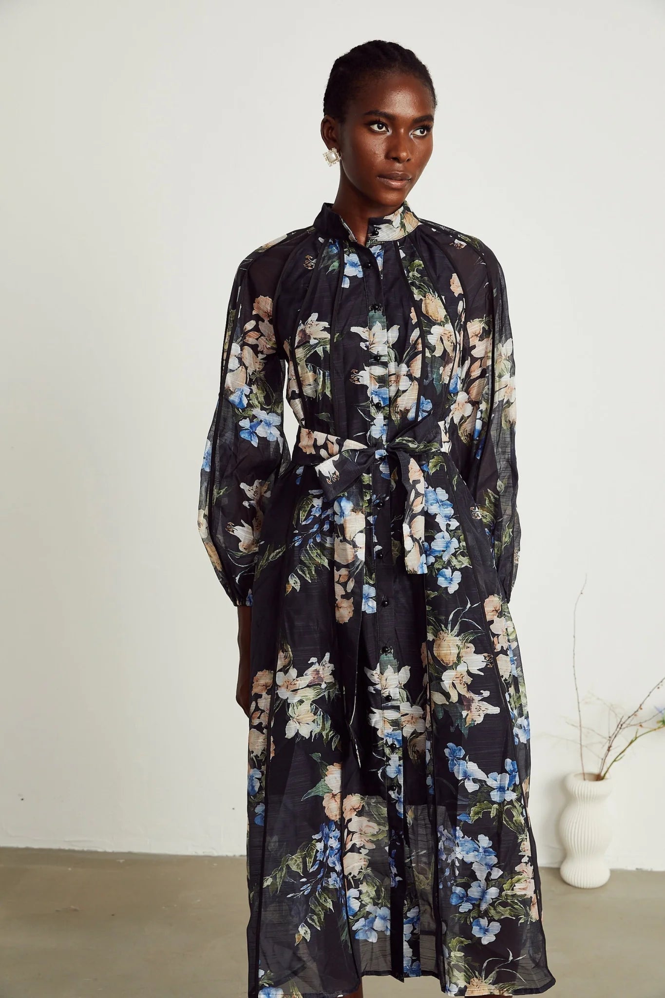 Teagan Floral Midi Dress with High StandUp Collar & Flounce Hem