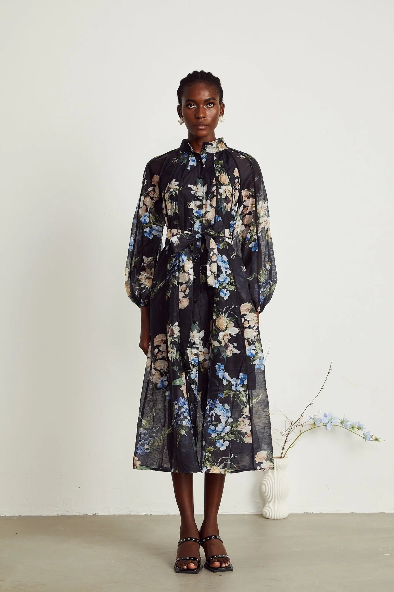 Teagan Floral Midi Dress with High StandUp Collar & Flounce Hem