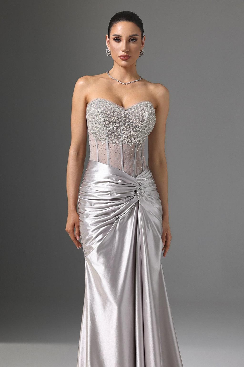Teagan Silver Sequin Strapless Formal Dress with High Slit