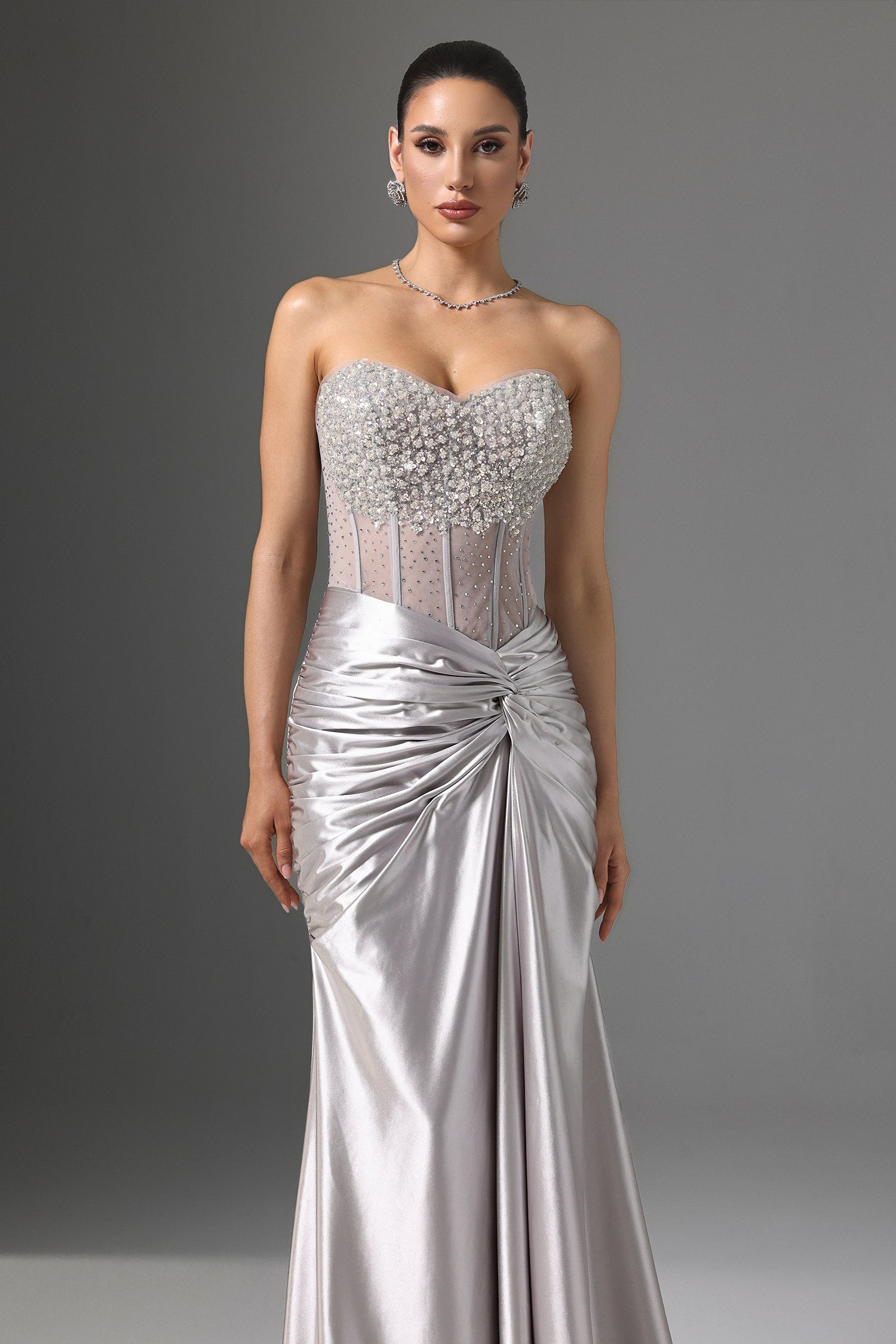 Teagan Silver Sequin Strapless Formal Dress with High Slit