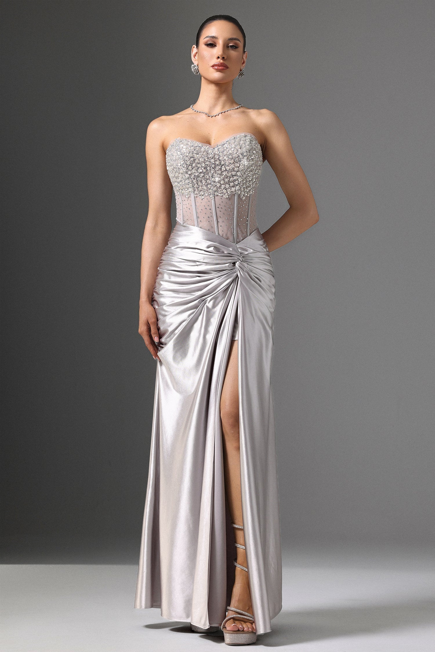 Teagan Silver Sequin Strapless Formal Dress with High Slit for Gala or Wedding
