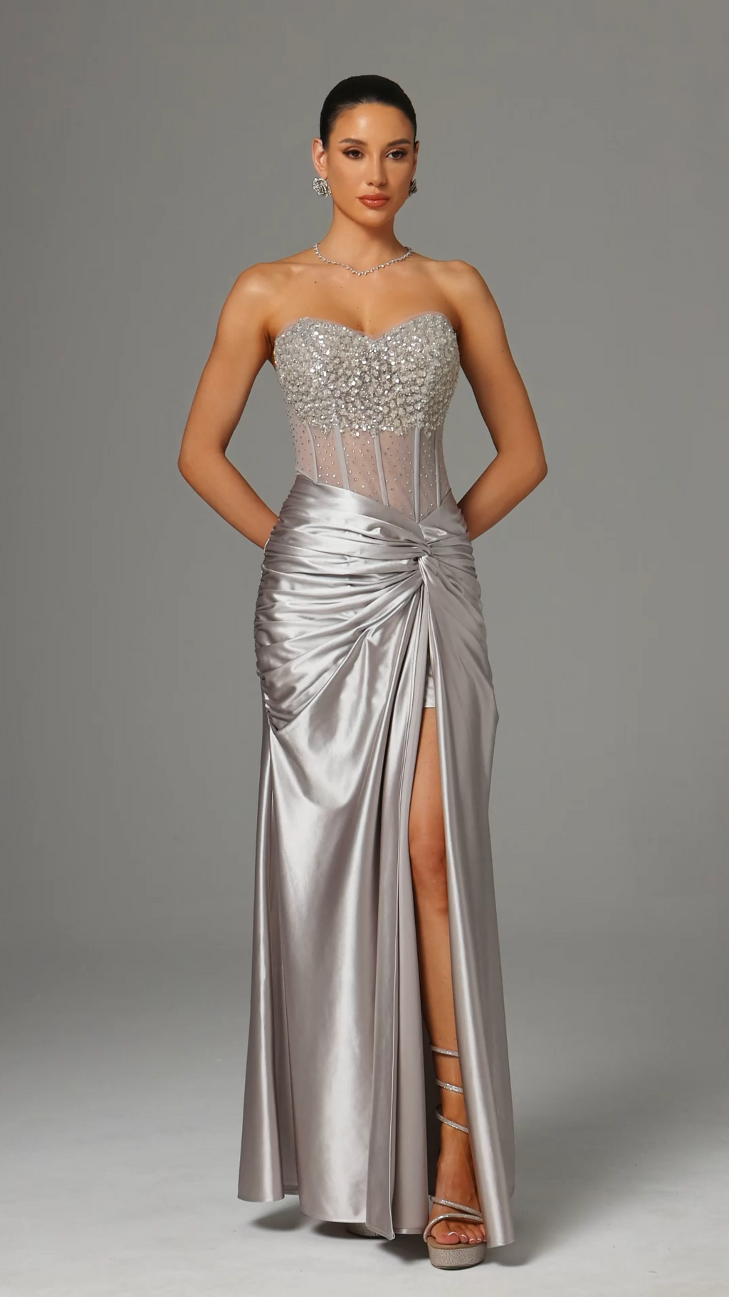 Teagan Silver Sequin Strapless Formal Dress