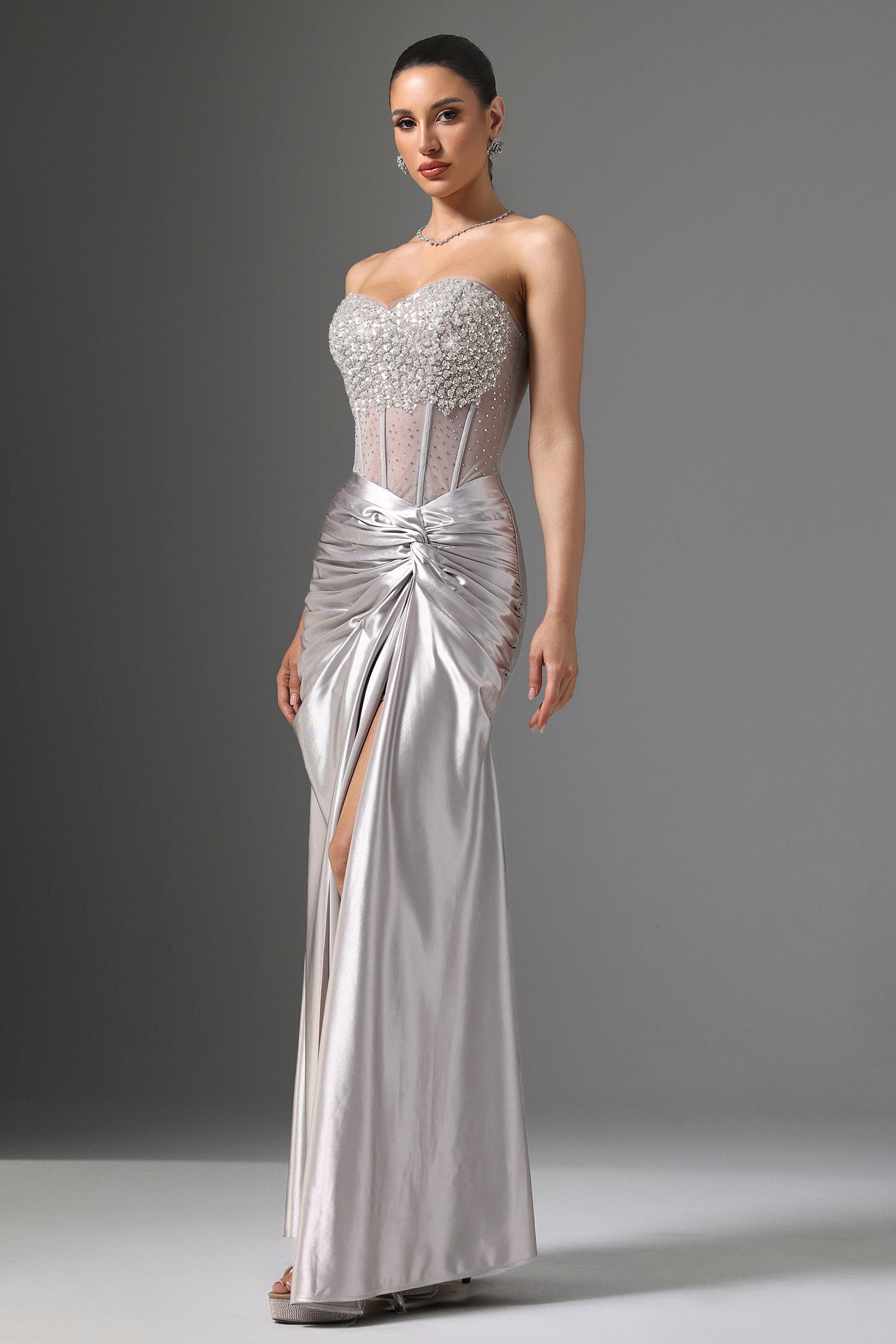 Teagan Silver Strapless Sequin Formal Dress