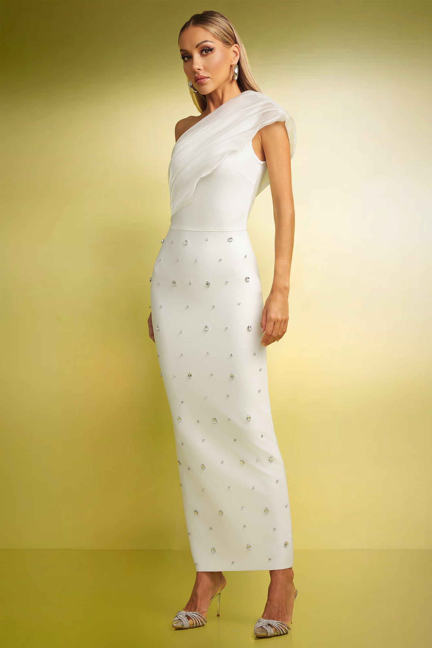 Tecla White Diamond Detail One-Shoulder Maxi Dress