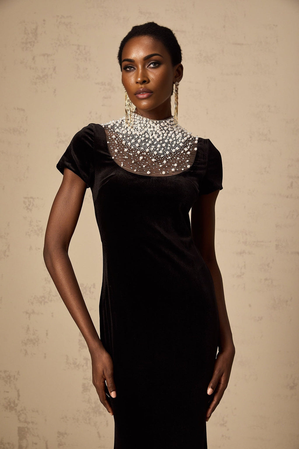 Tenley Maxi Dress in Classic Black Velvet with Faux - Pearl Embellishment