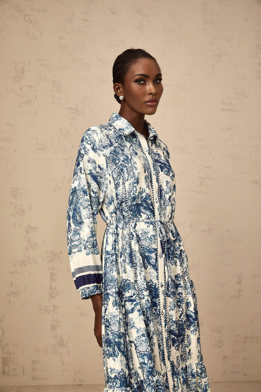Tenley Midi Dress Graphic Print Blue & White Tied Waist Pleated