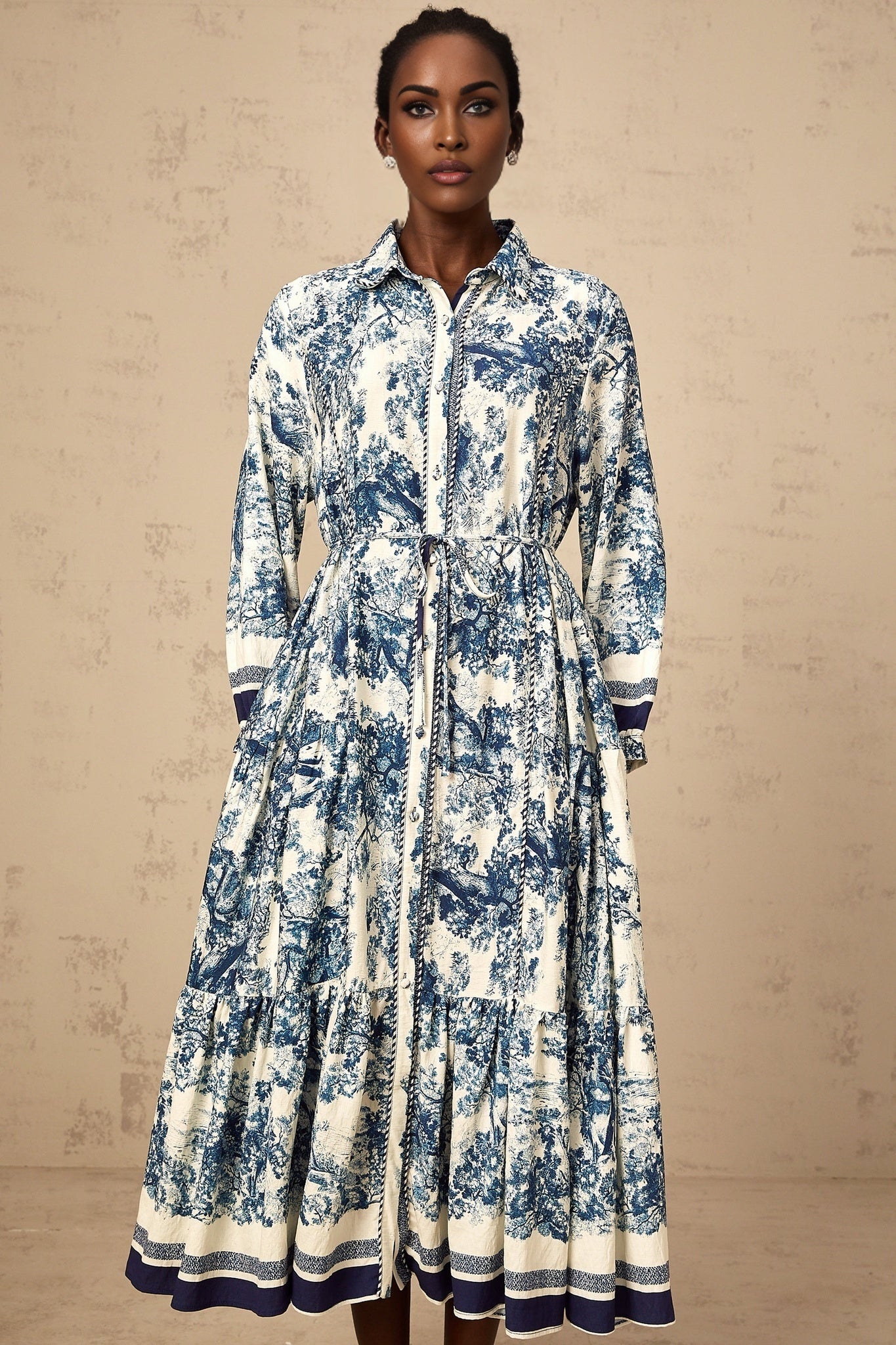 Tenley Midi Dress Graphic Print Blue & White Tied Waist Pleated