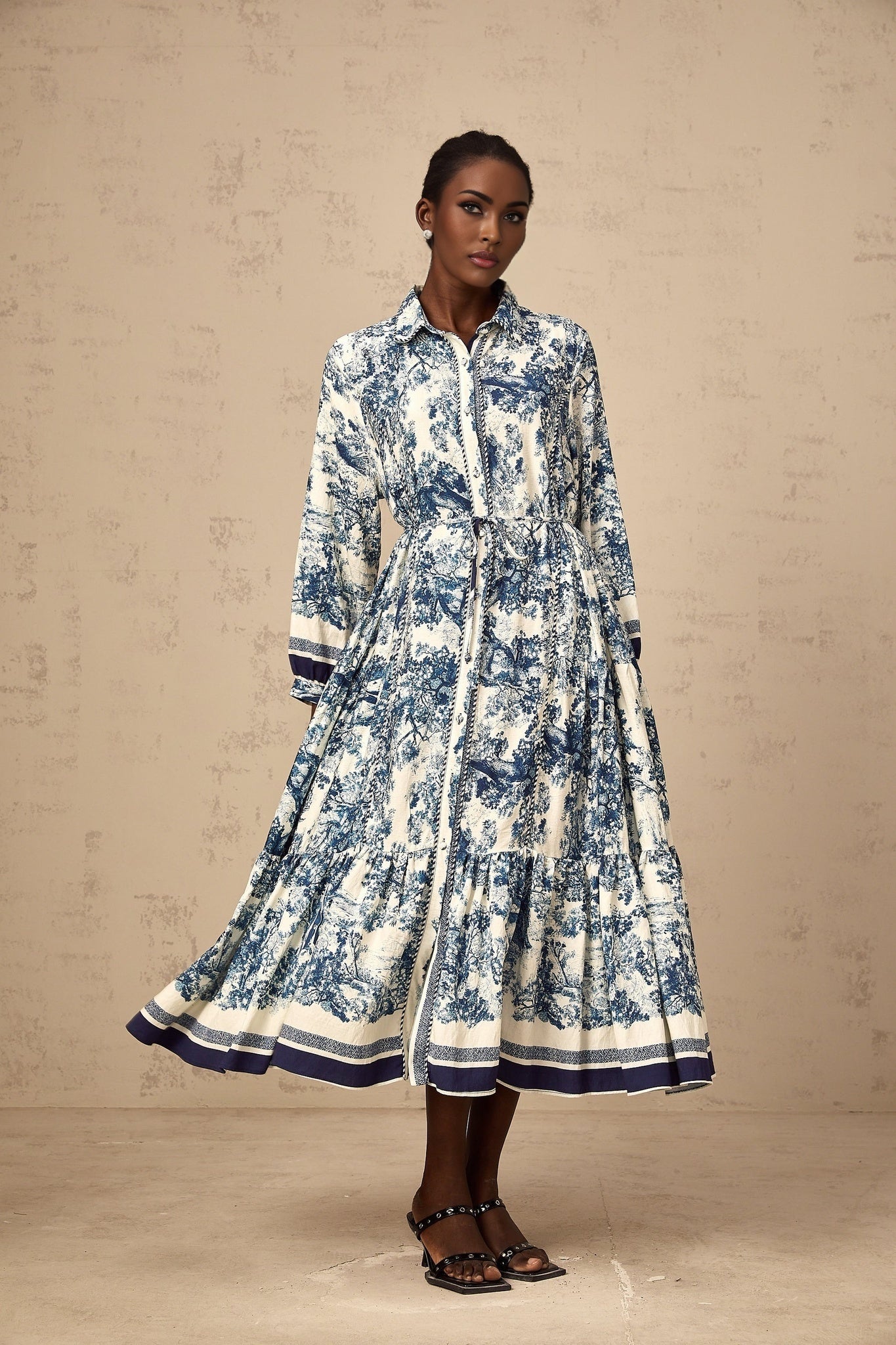 Tenley Midi Dress Graphic Print Blue & White Tied Waist Pleated