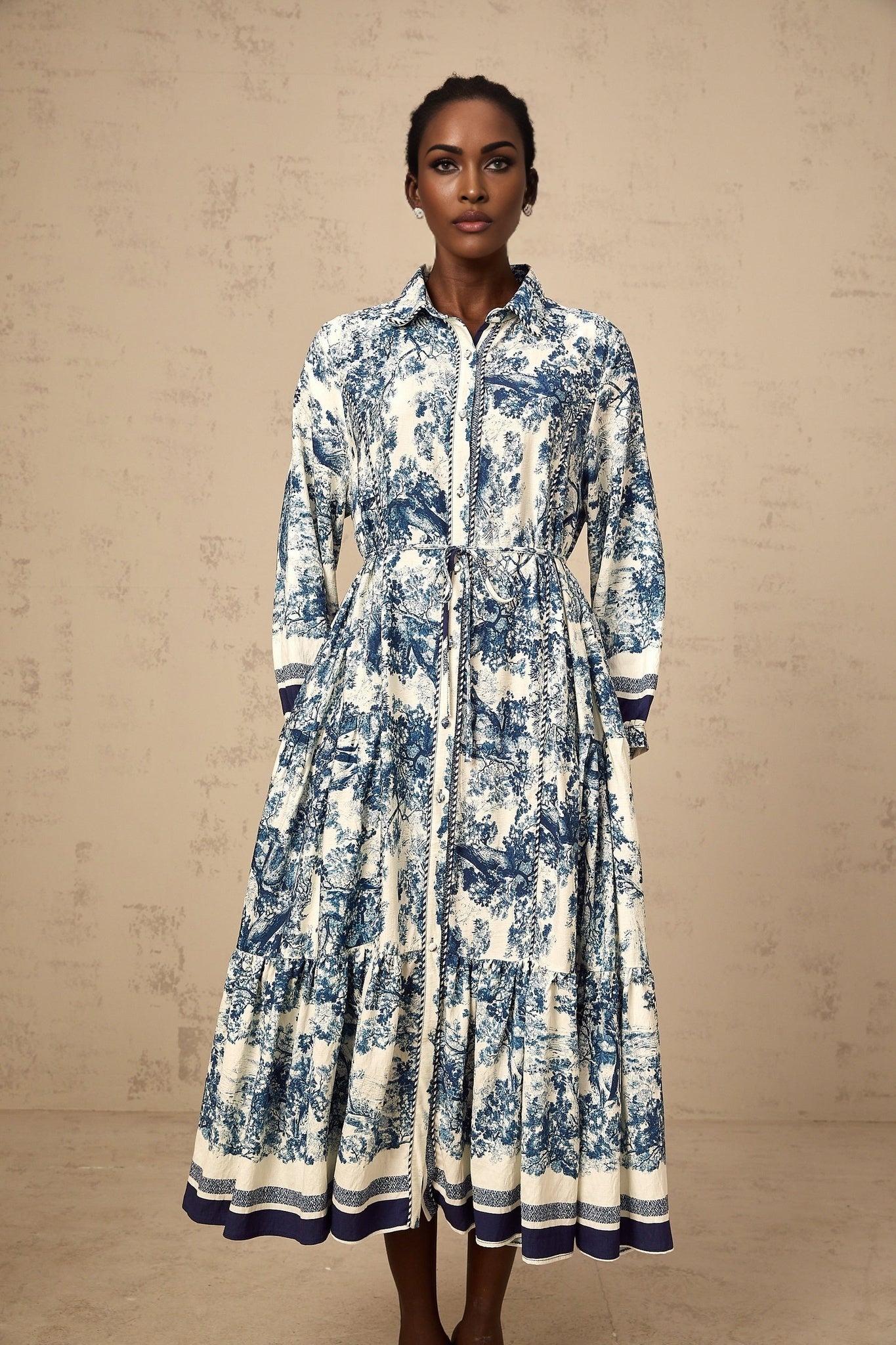 Tenley Midi Dress Graphic Print Blue & White Tied Waist Pleated