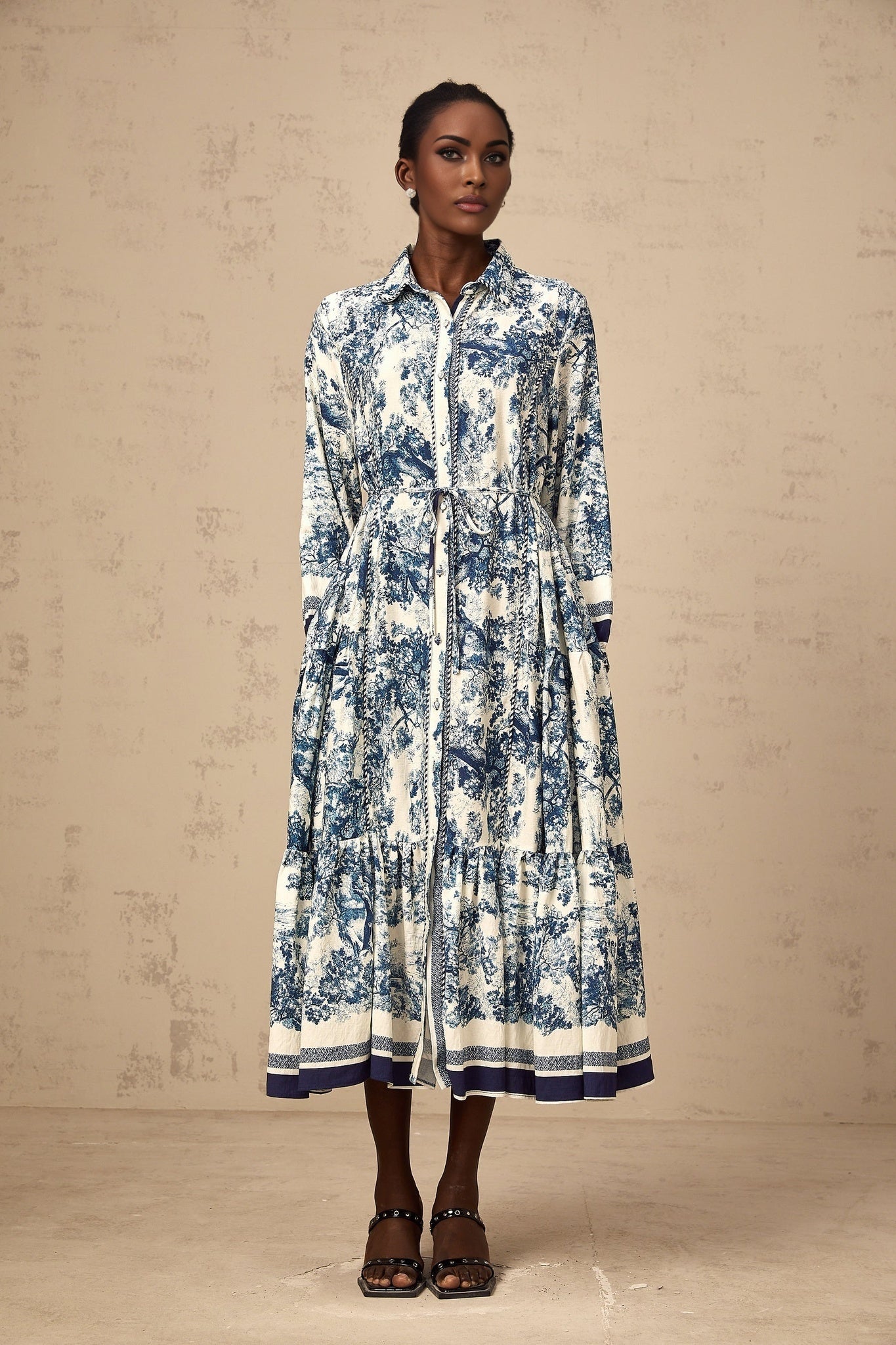 Tenley Midi Dress Graphic Print Blue & White Tied Waist Pleated