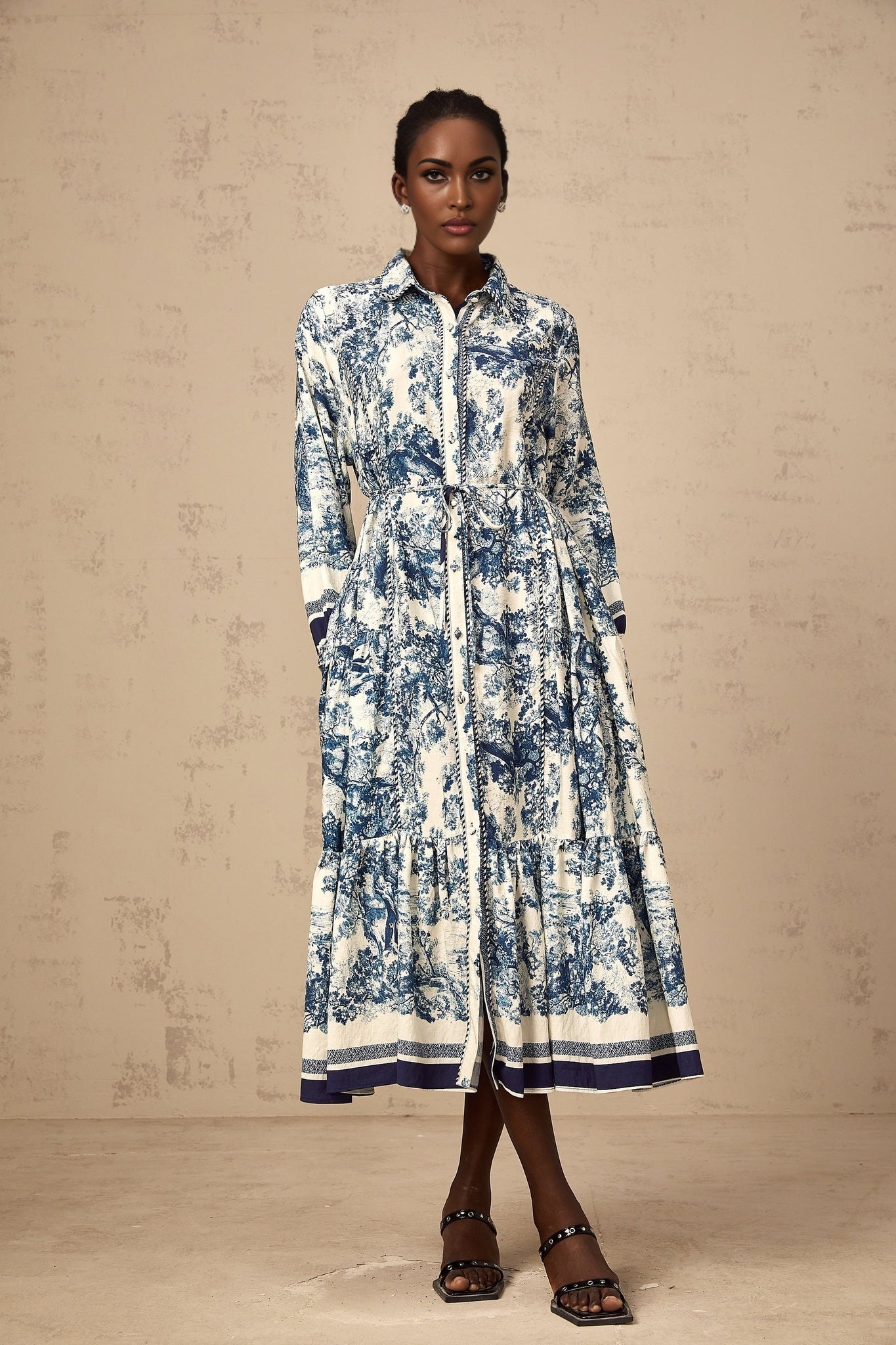 Tenley Midi Dress Graphic Print Blue & White Tied Waist Pleated