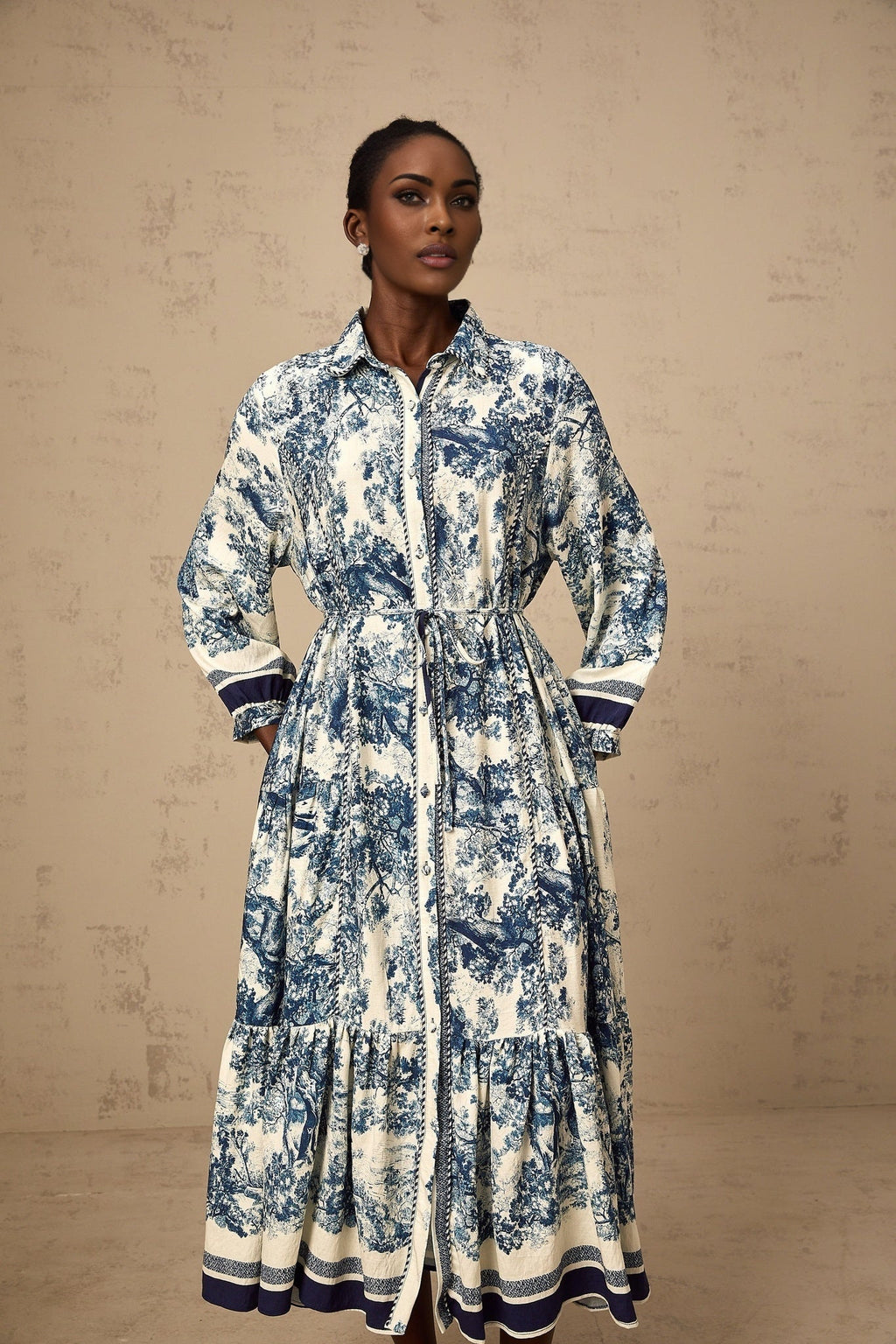 Tenley Midi Dress Graphic Print Blue & White Tied Waist Pleated