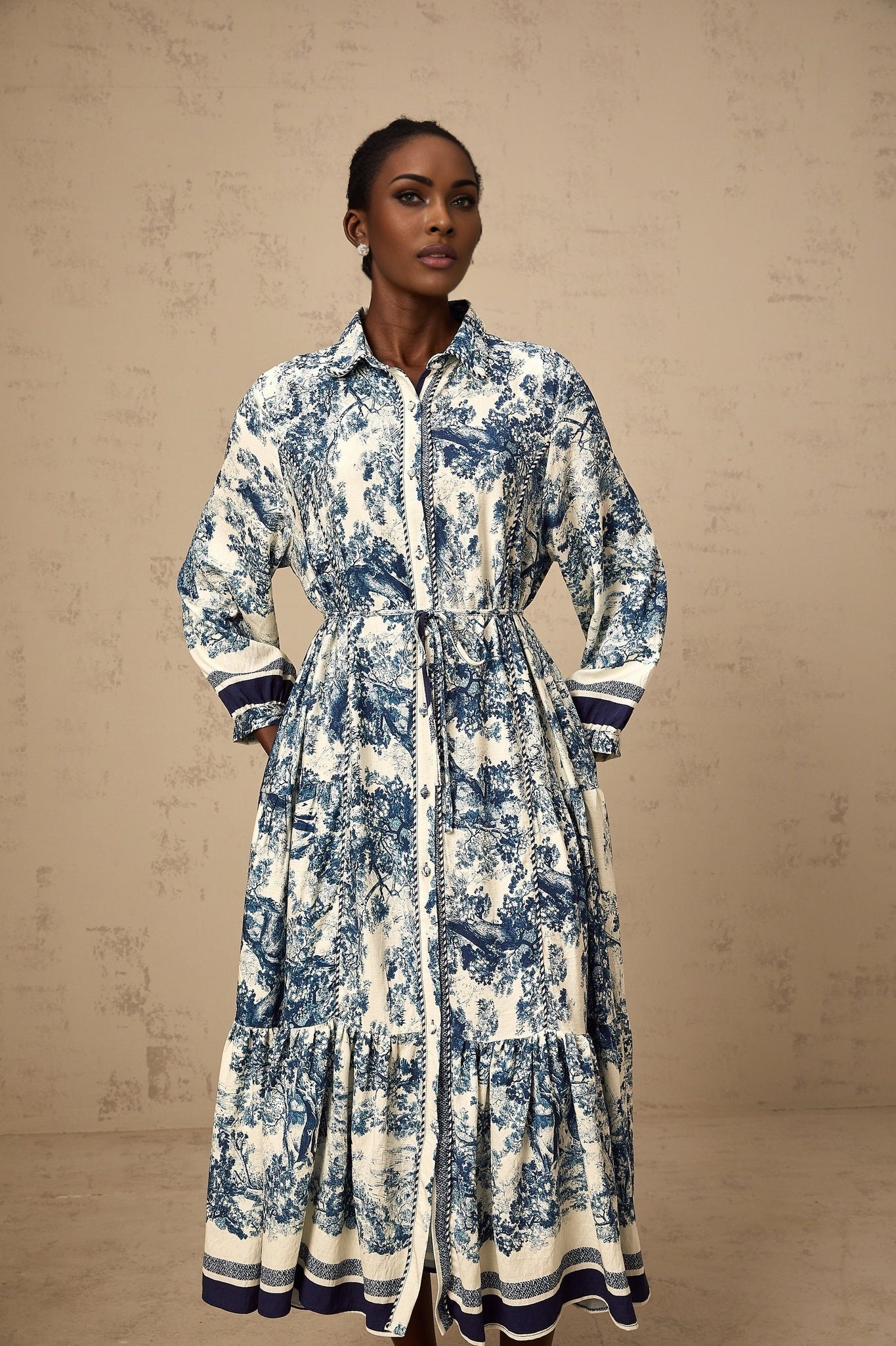 Tenley Midi Dress Graphic Print Blue & White Tied Waist Pleated