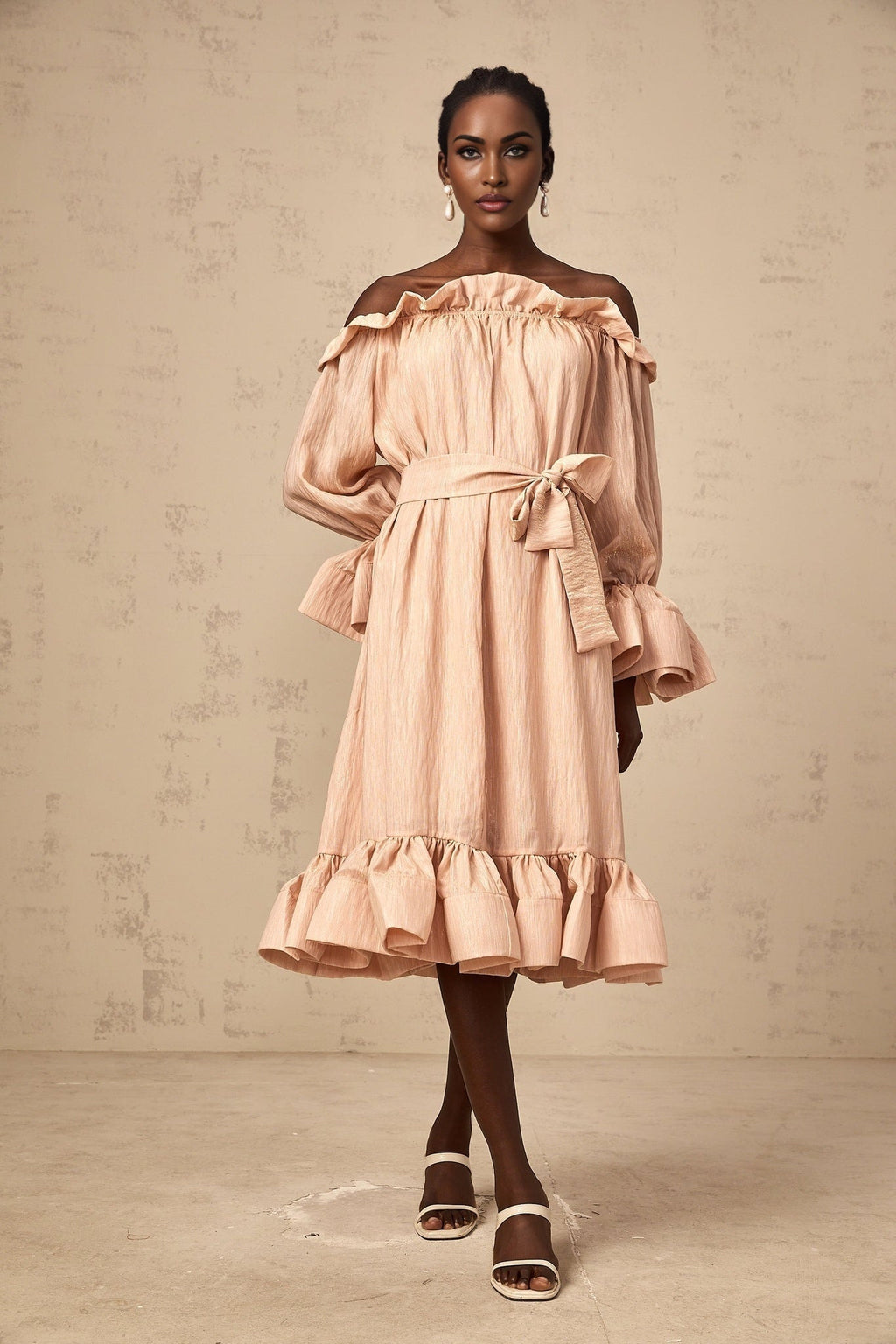 Tenley Midi Dress Pink Offshoulder Ruffled Waist Tie Calf Length