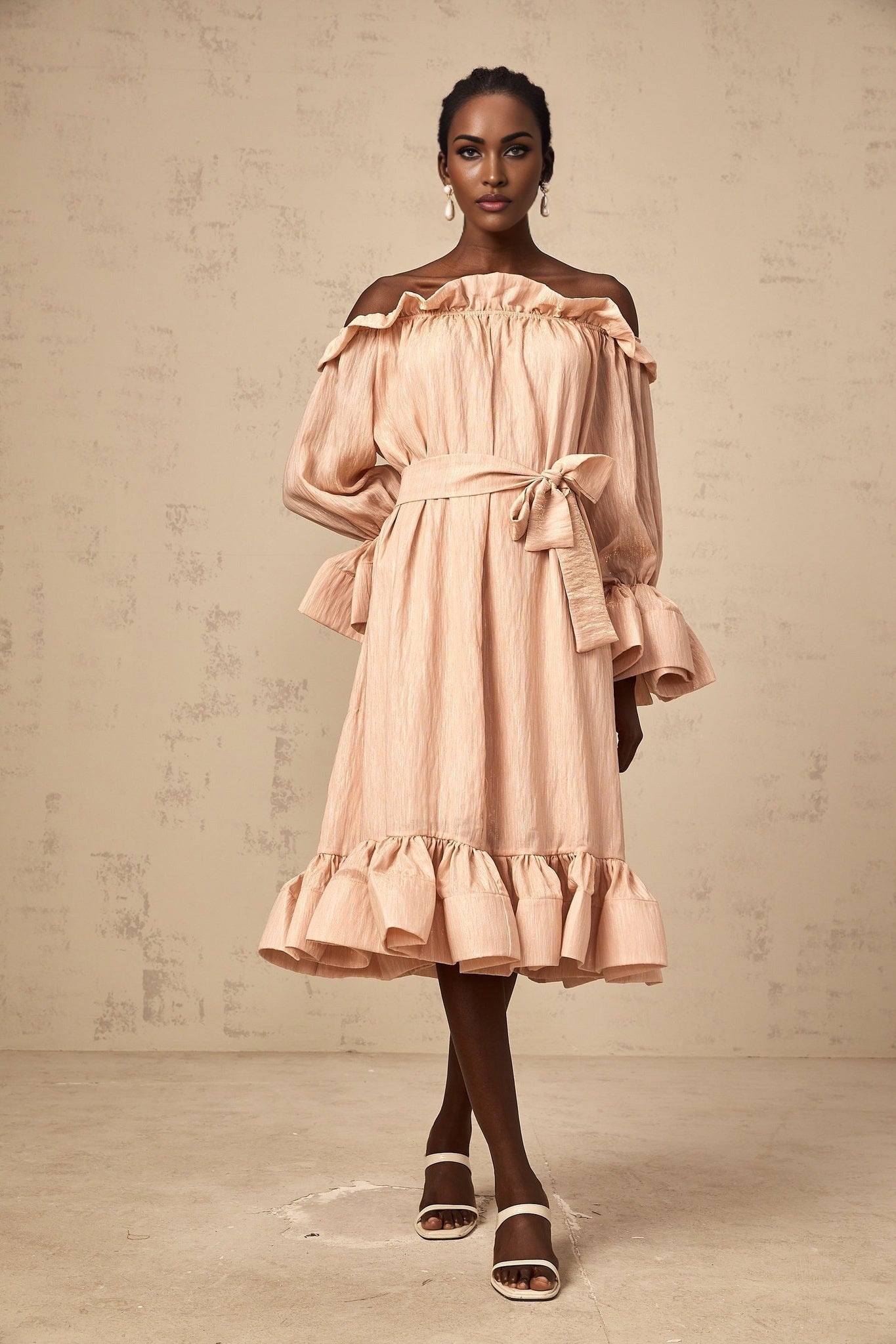 Tenley Midi Dress Pink Offshoulder Ruffled Waist Tie Calf Length
