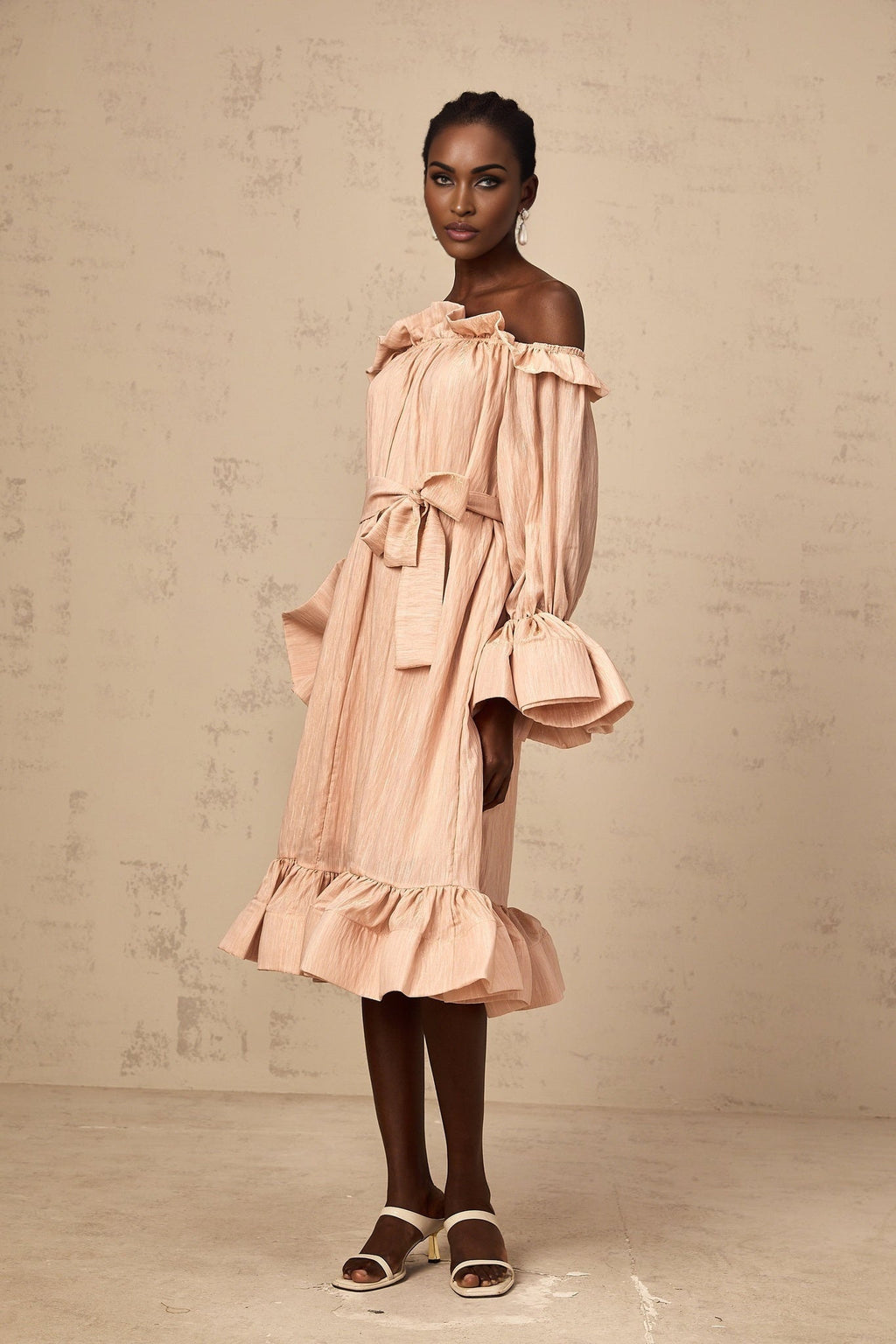 Tenley Midi Dress Pink Offshoulder Ruffled Waist Tie Calf Length
