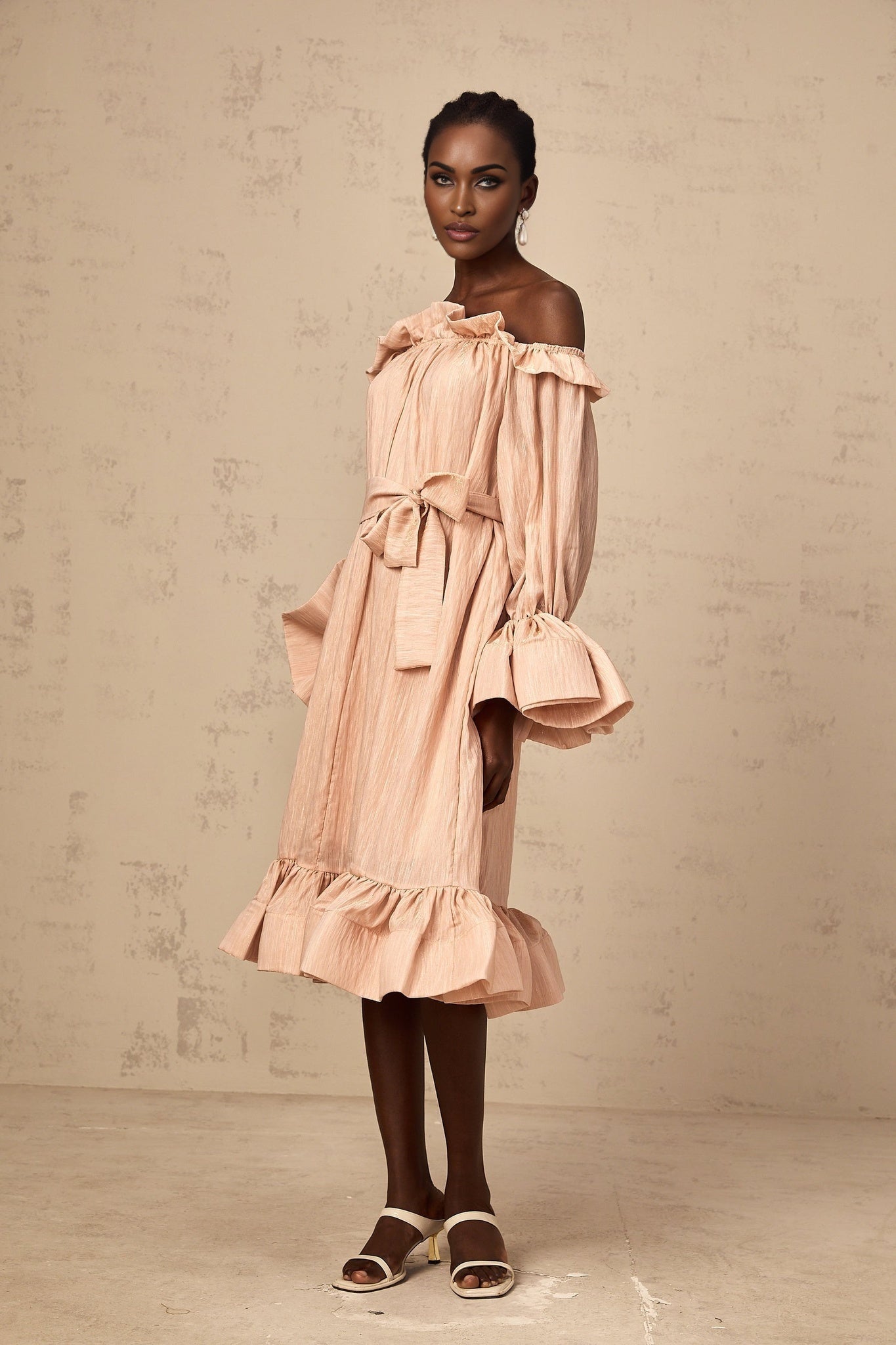 Tenley Midi Dress Pink Offshoulder Ruffled Waist Tie Calf Length