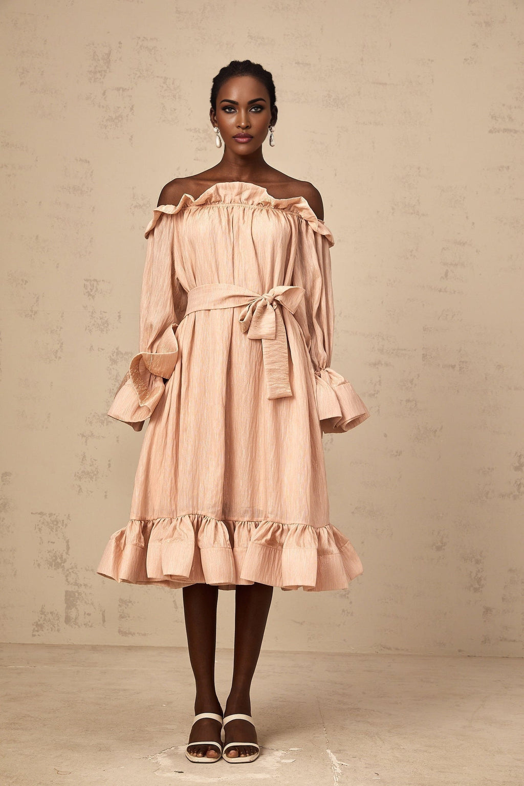 Tenley Midi Dress Pink Offshoulder Ruffled Waist Tie Calf Length