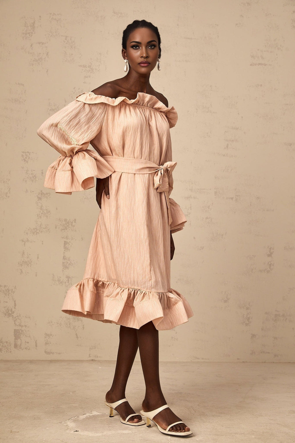 Tenley Midi Dress Pink Offshoulder Ruffled Waist Tie Calf Length