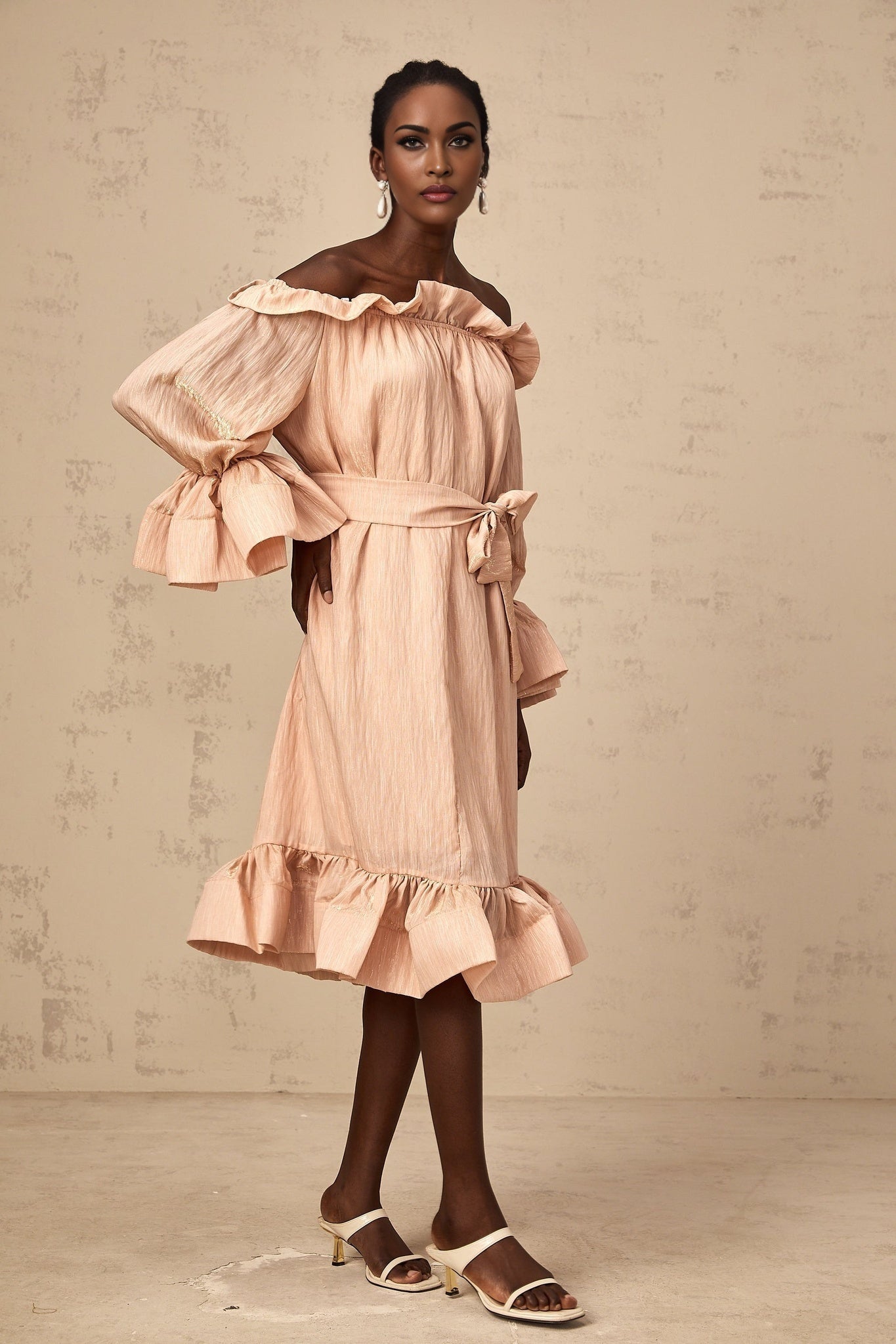 Tenley Midi Dress Pink Offshoulder Ruffled Waist Tie Calf Length