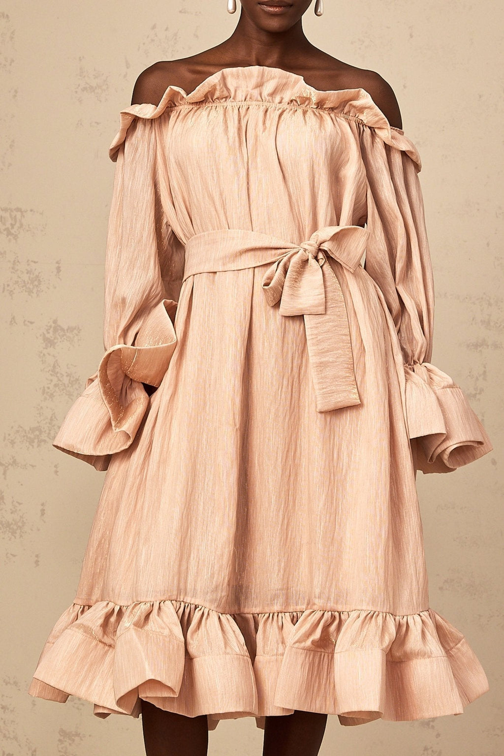 Tenley Midi Dress Pink Offshoulder Ruffled Waist Tie Calf Length