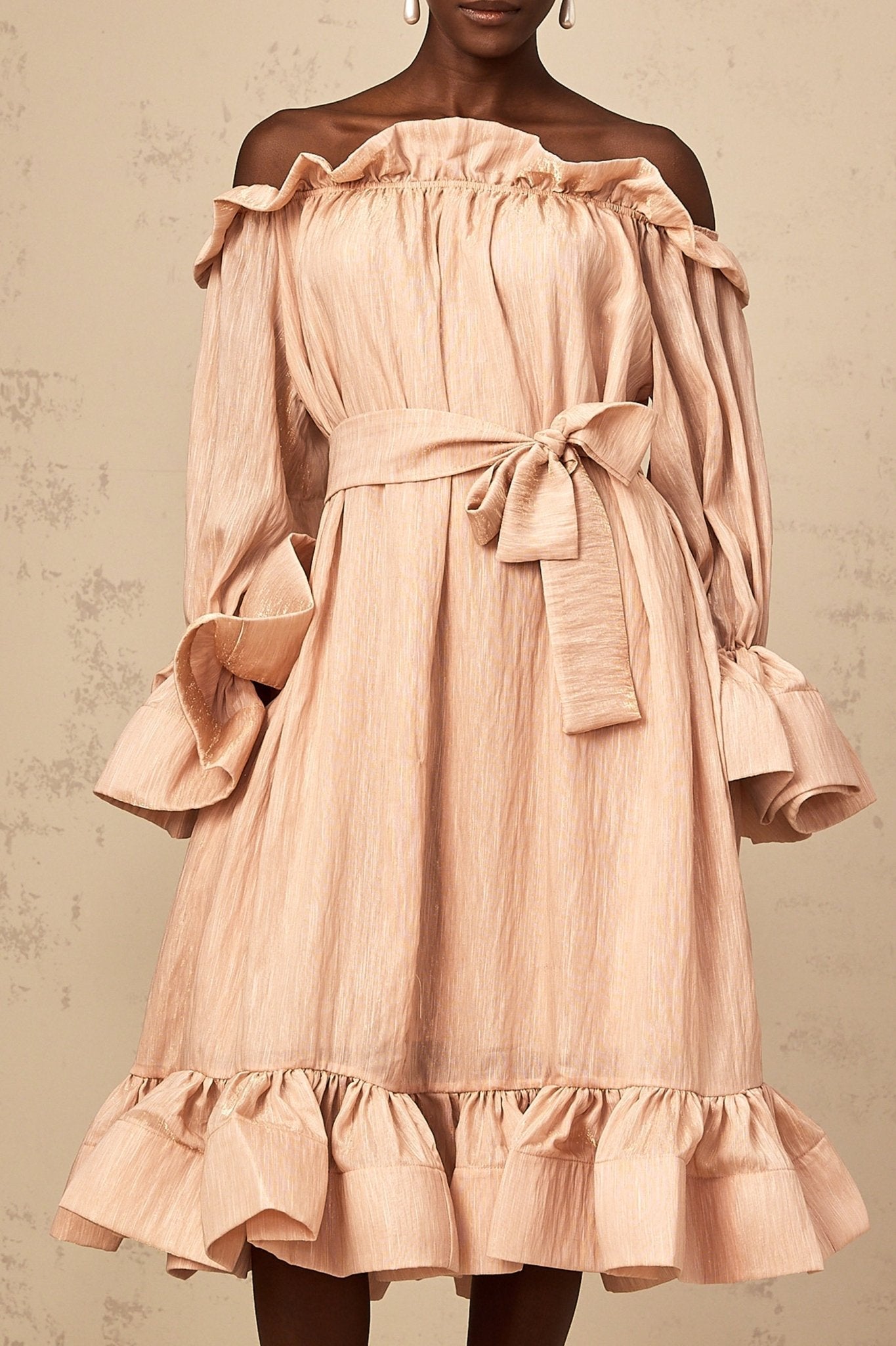 Tenley Midi Dress Pink Offshoulder Ruffled Waist Tie Calf Length