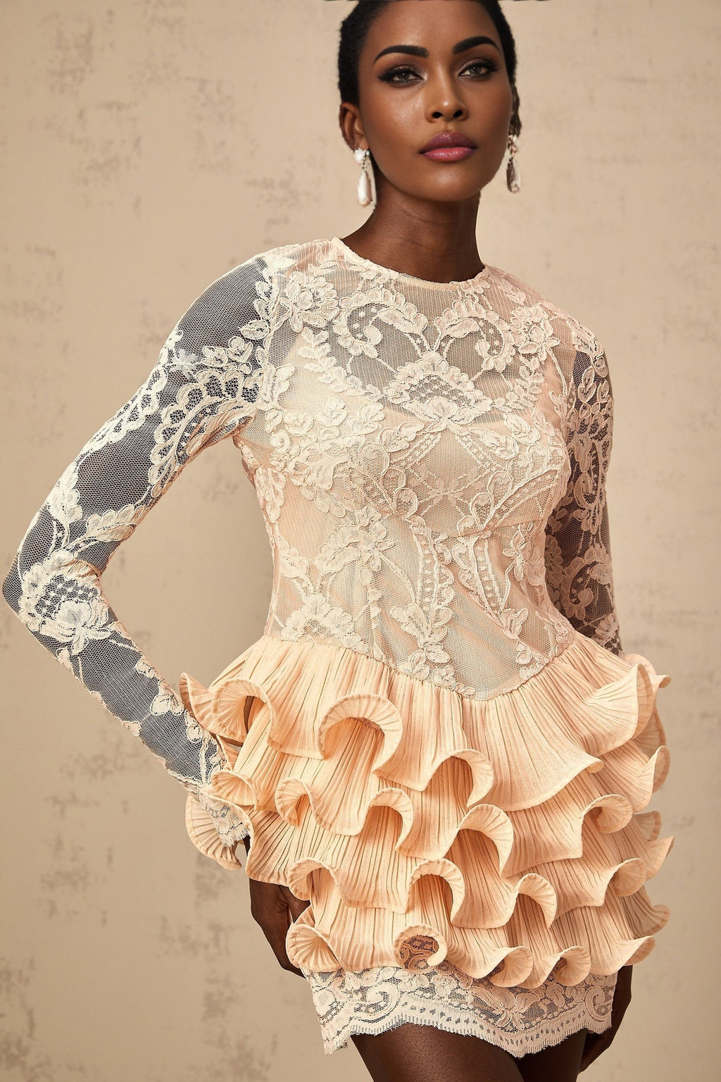 Tenley Mini Dress Peach Lace Tiered Ruffle Floral Embellishments