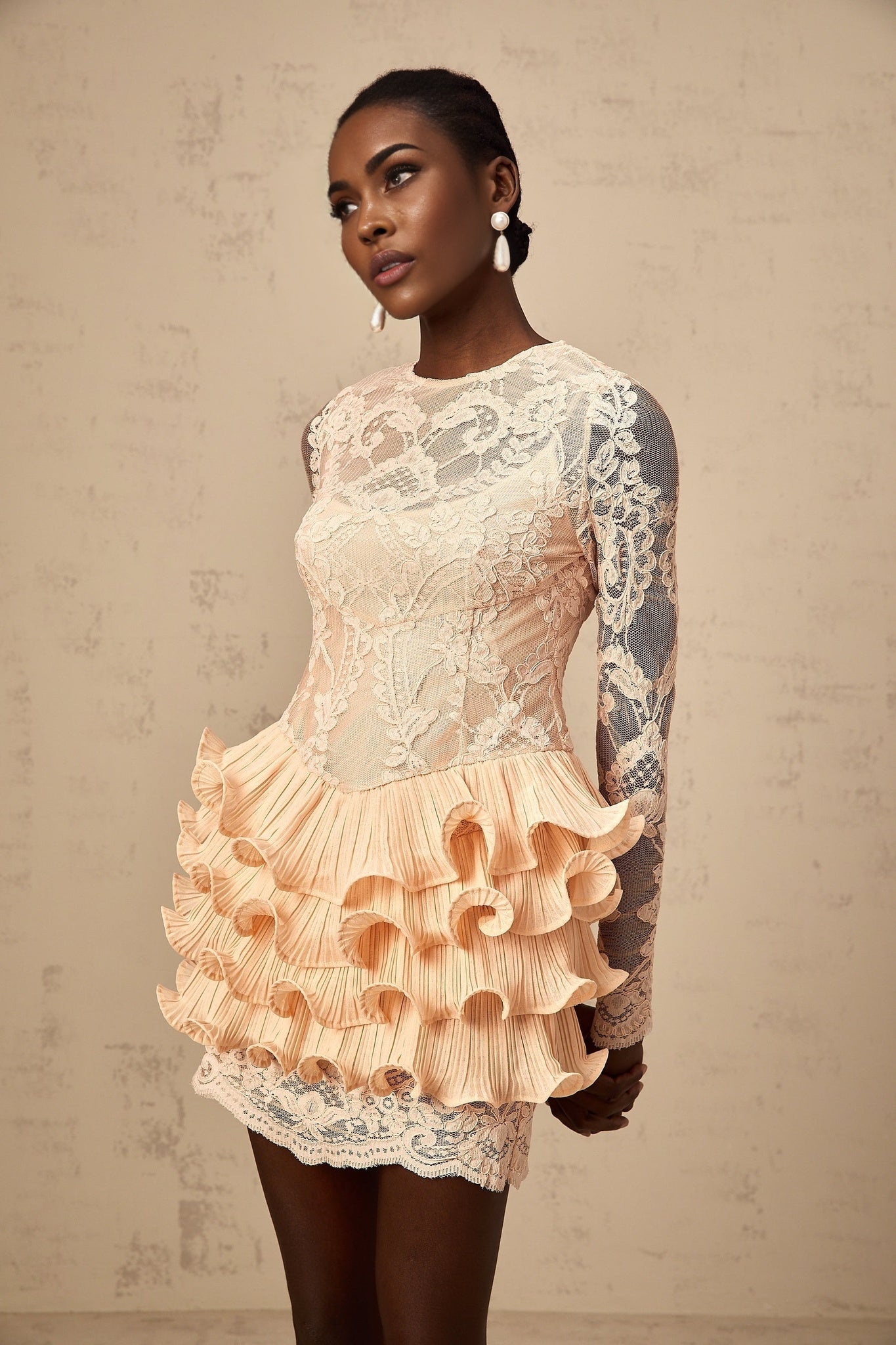 Tenley Mini Dress Peach Lace Tiered Ruffle Floral Embellishments
