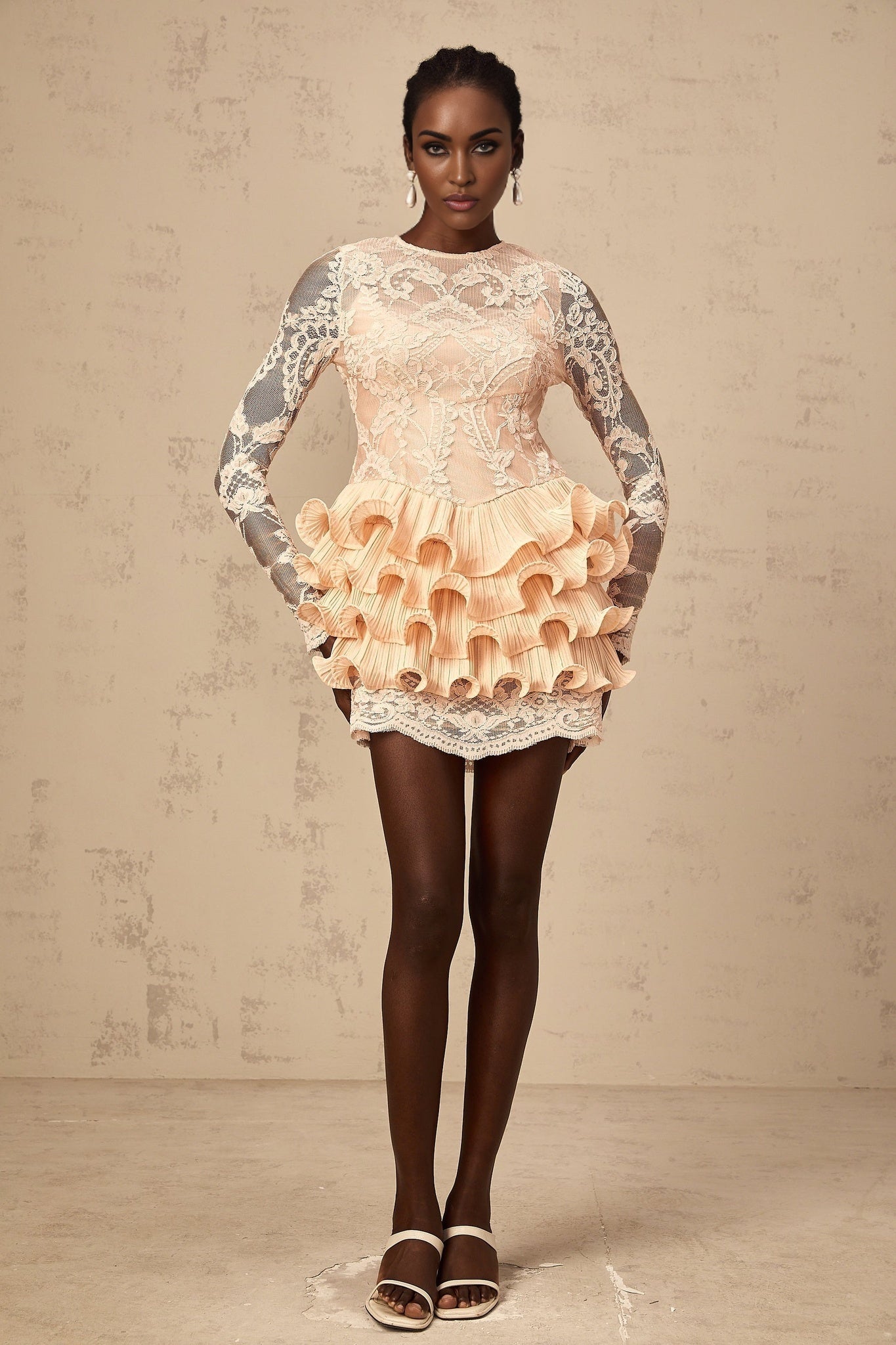 Tenley Mini Dress Peach Lace Tiered Ruffle Floral Embellishments