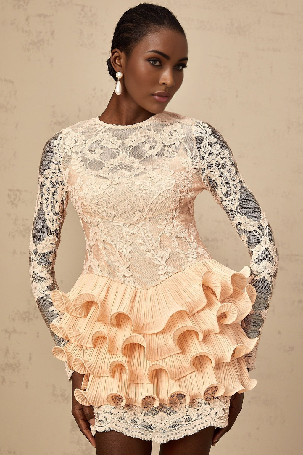 Tenley Mini Dress Peach Lace Tiered Ruffle Floral Embellishments