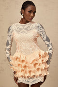 Tenley Mini Dress Peach Lace Tiered Ruffle Floral Embellishments