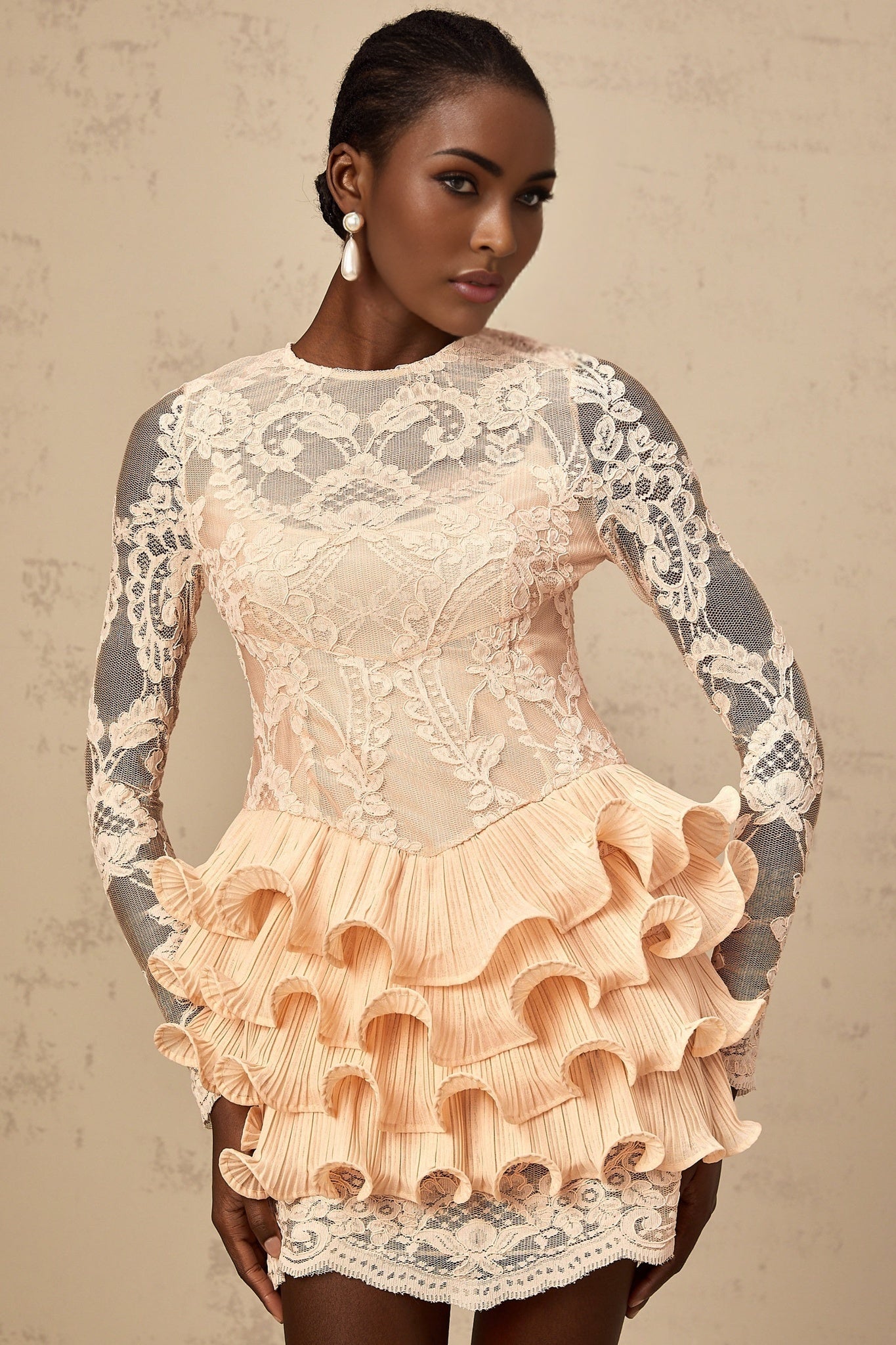 Tenley Mini Dress Peach Lace Tiered Ruffle Floral Embellishments