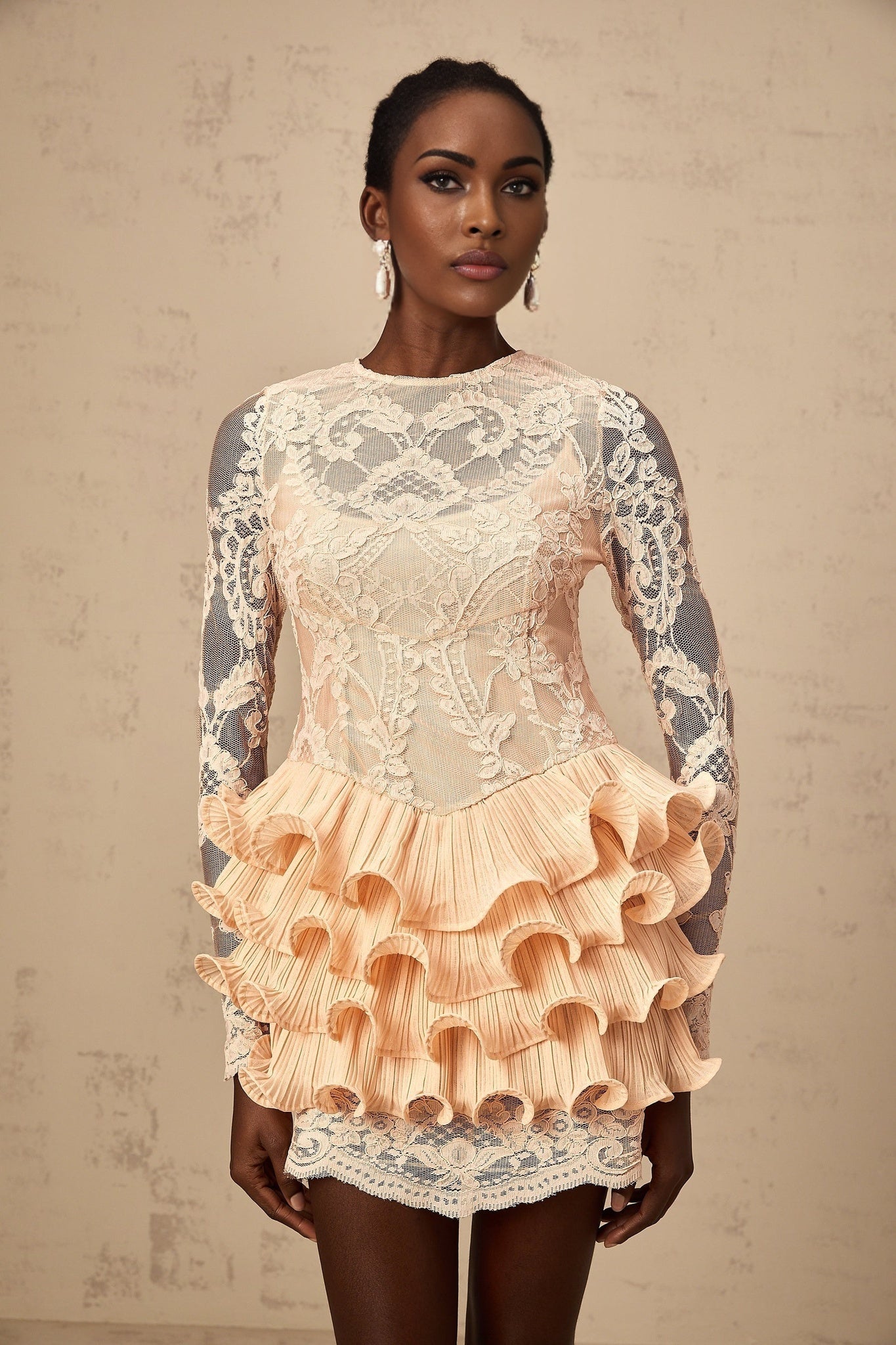 Tenley Mini Dress Peach Lace Tiered Ruffle Floral Embellishments