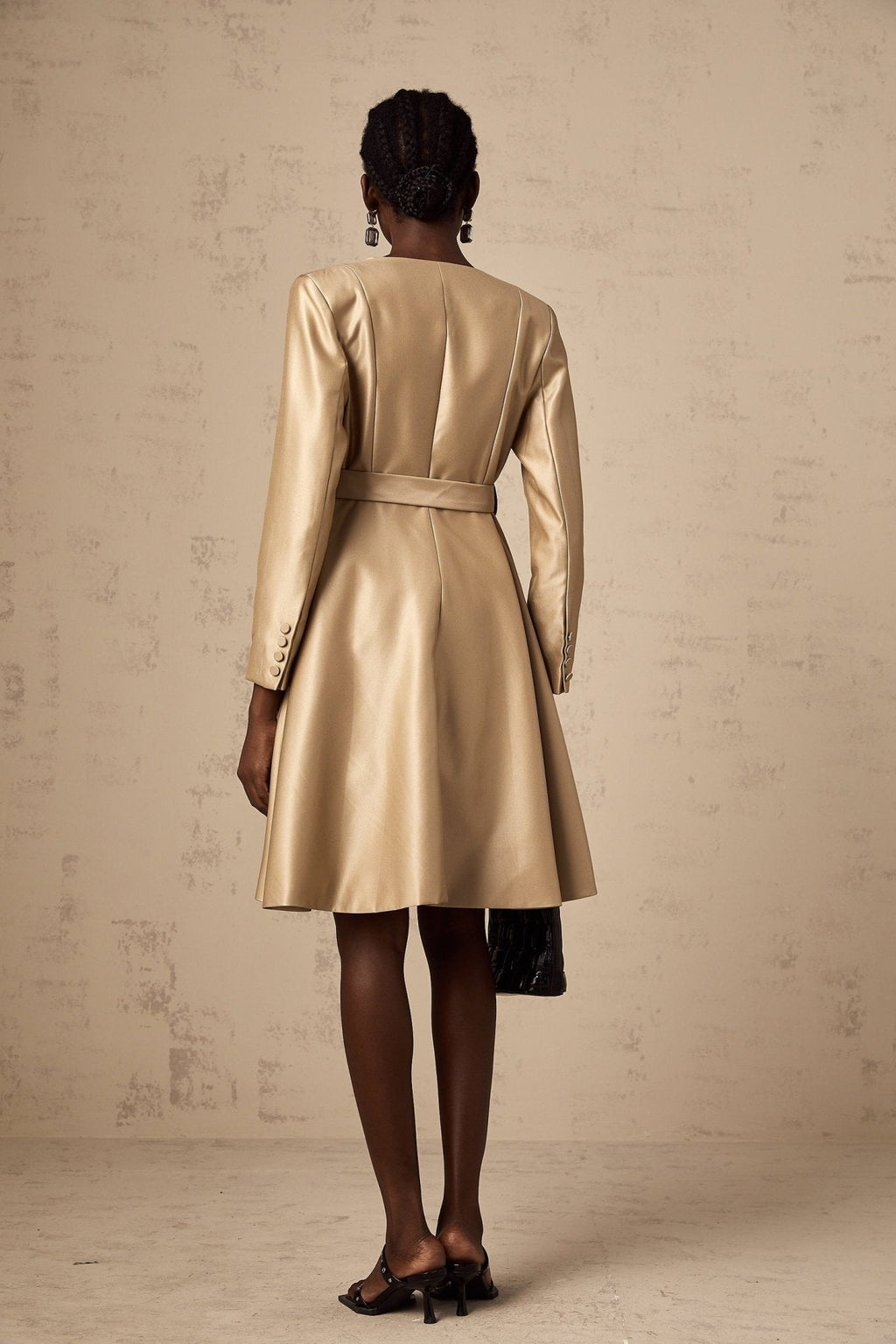 Teresa Coat Satin Finish V - Neck Lapels Belted Waist
