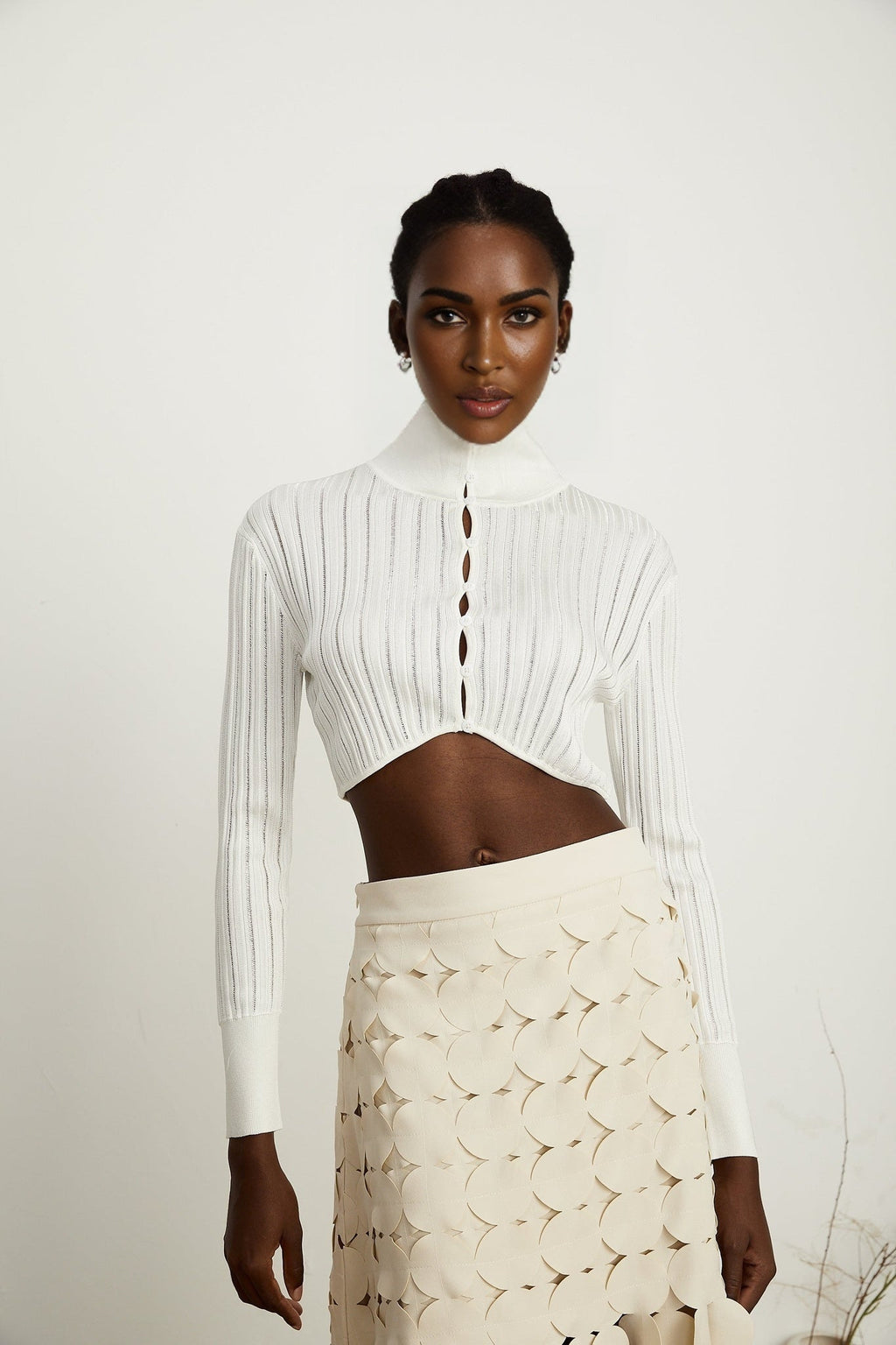 Teresa Crop Top White Ribbed Knit High Neck Button