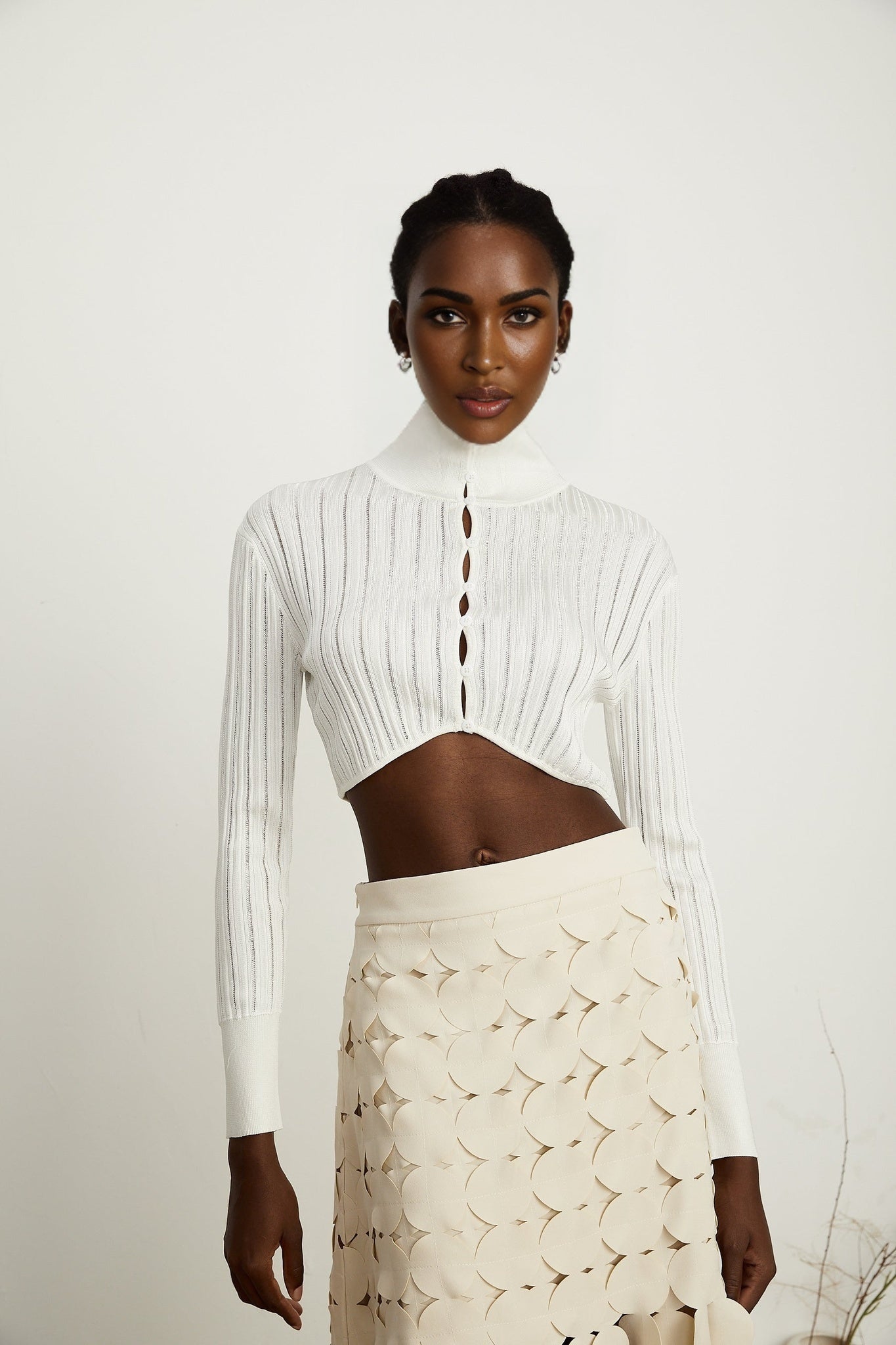 Teresa Crop Top White Ribbed Knit High Neck Button