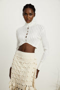 Teresa Crop Top White Ribbed Knit High Neck Button