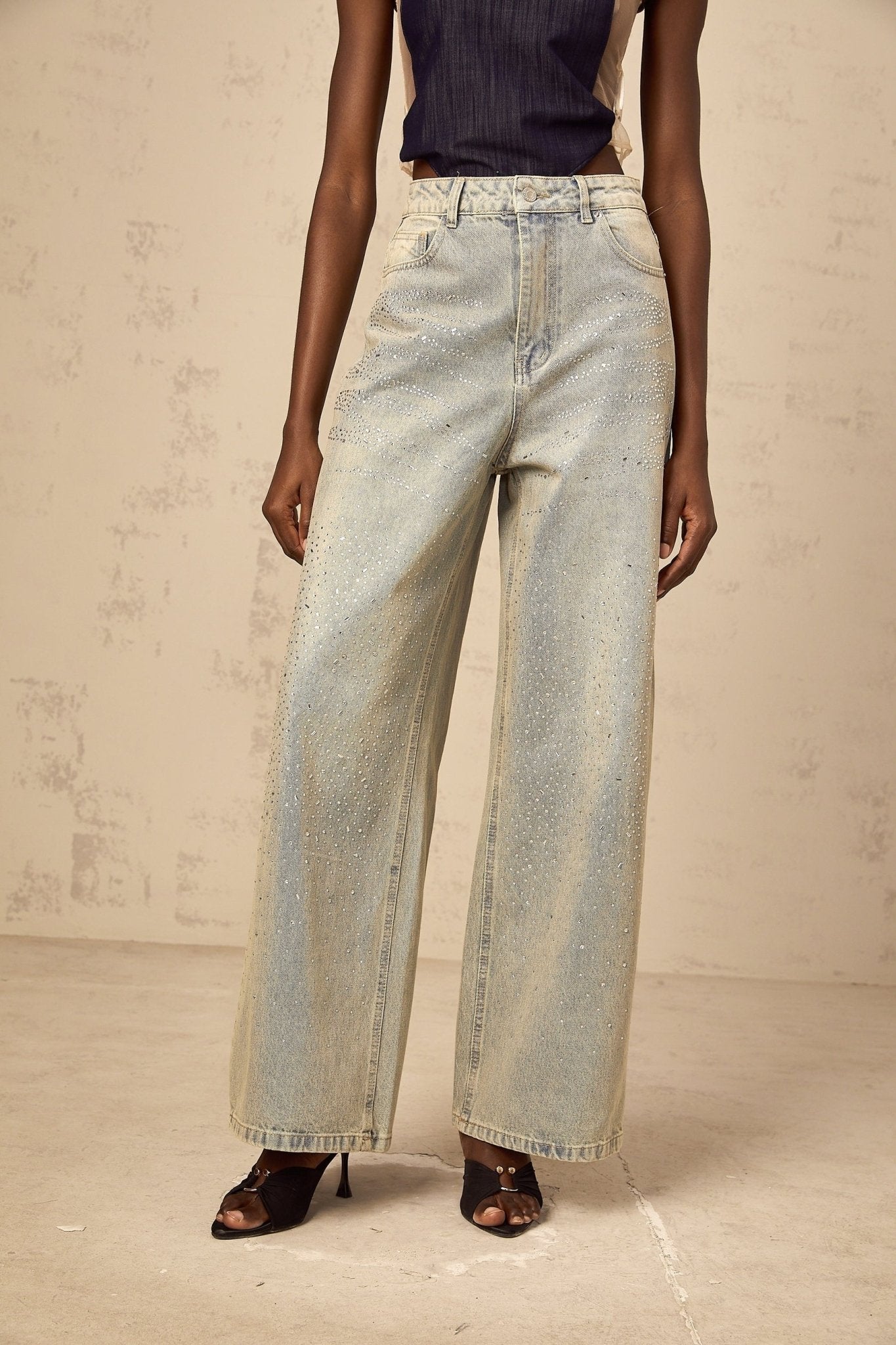 Teresa Denim Jeans Light Blue Rhinestone Wide Leg