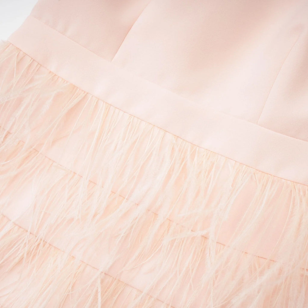 Teresa Dress Pink Feather Tassel Halter - neck Thigh Length Zip Fastening