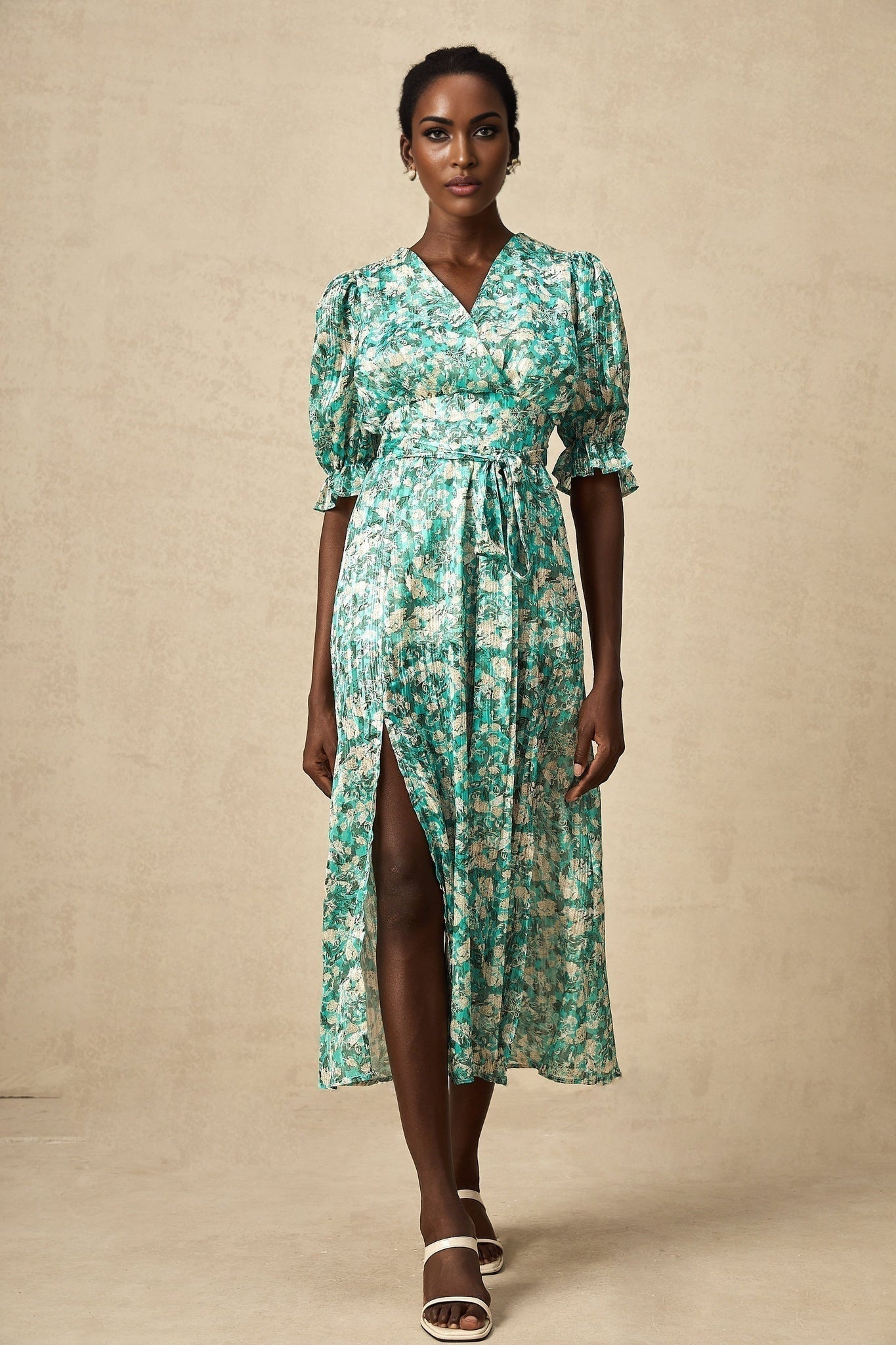 Teresa Floral Midi Dress in Vibrant Green with High Slit & Ruffled Detailing