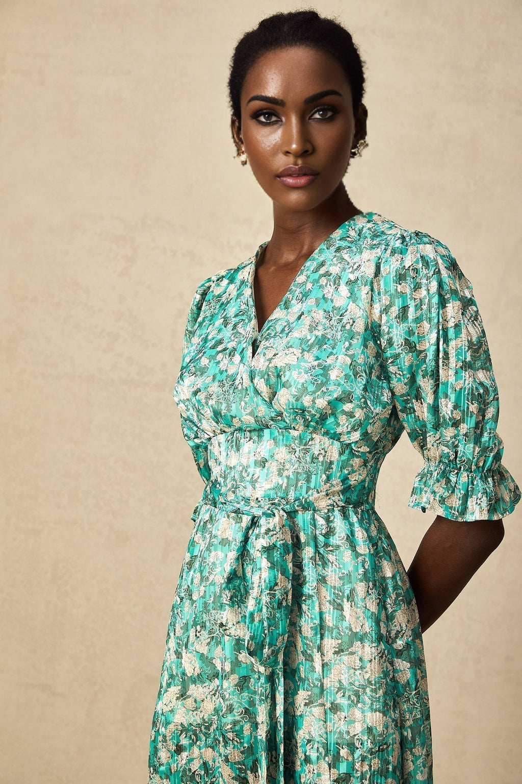 Teresa Floral Midi Dress in Vibrant Green with High Slit & Ruffled Detailing