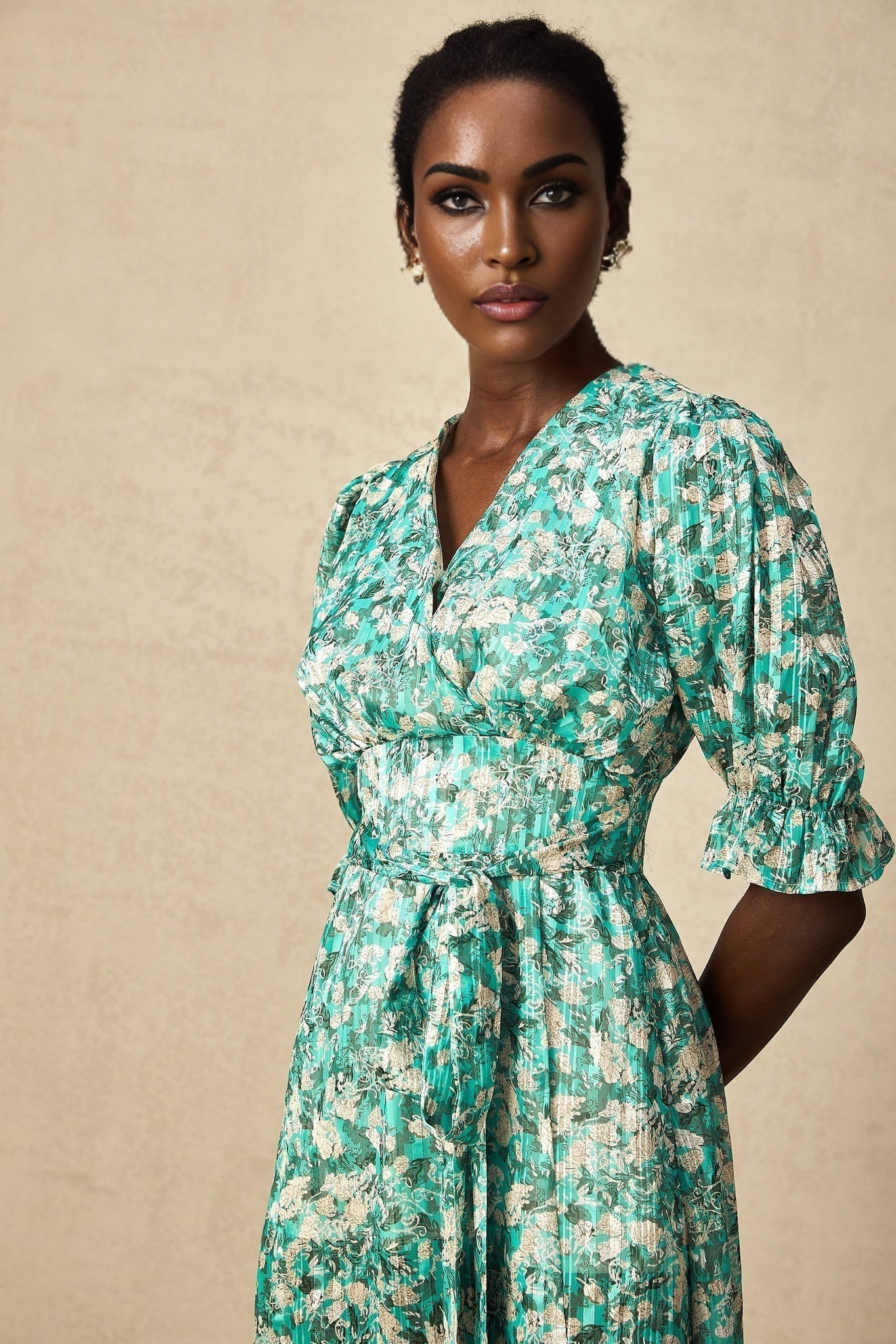 Teresa Floral Midi Dress in Vibrant Green with High Slit & Ruffled Detailing