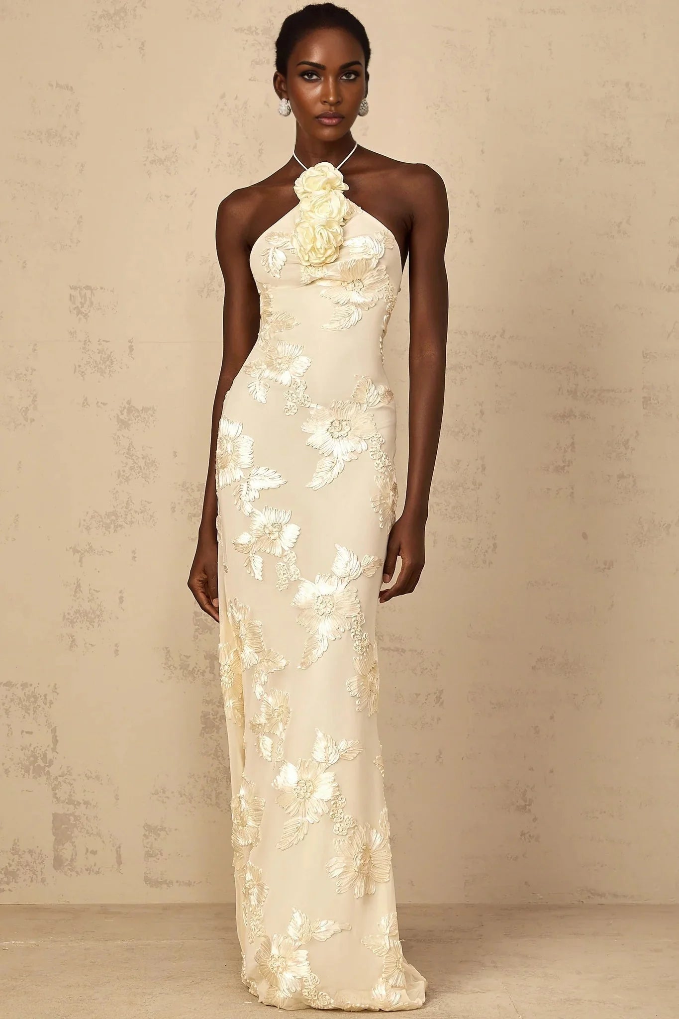 Teresa Maxi Dress Embroidered Floral Halter - neck & Open Back