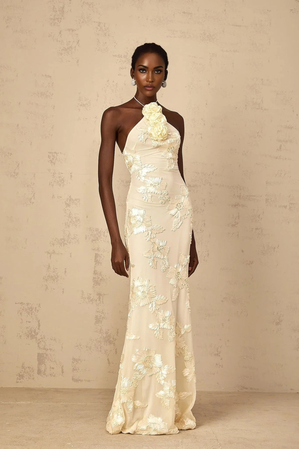 Teresa Maxi Dress Embroidered Floral Halter - neck & Open Back