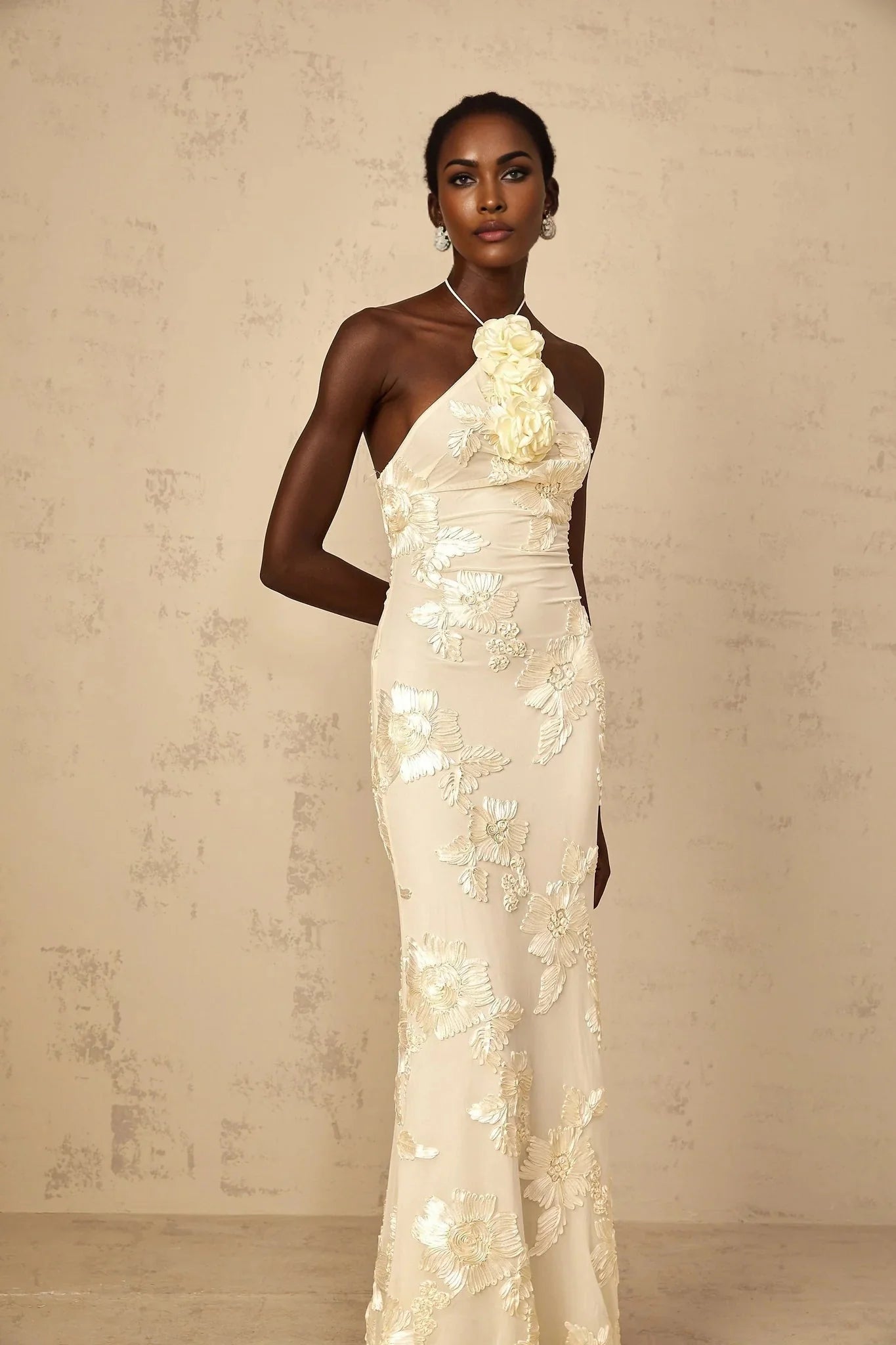 Teresa Maxi Dress Embroidered Floral Halter - neck & Open Back