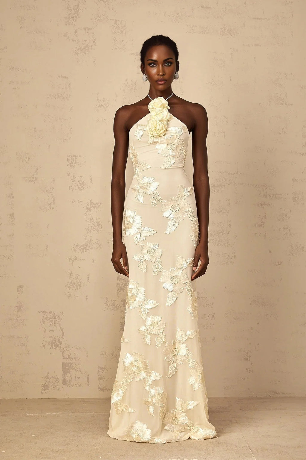Teresa Maxi Dress Embroidered Floral Halter - neck & Open Back