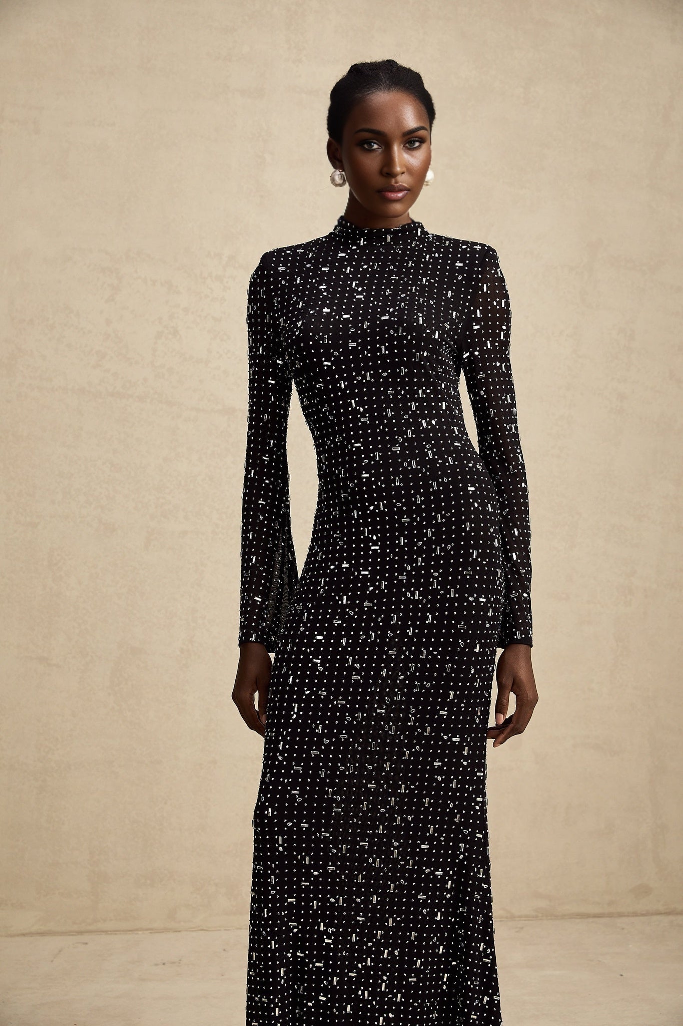 Teresa Maxi Dress in Classic Black with Crystal Embellishments & Flared Cuffs